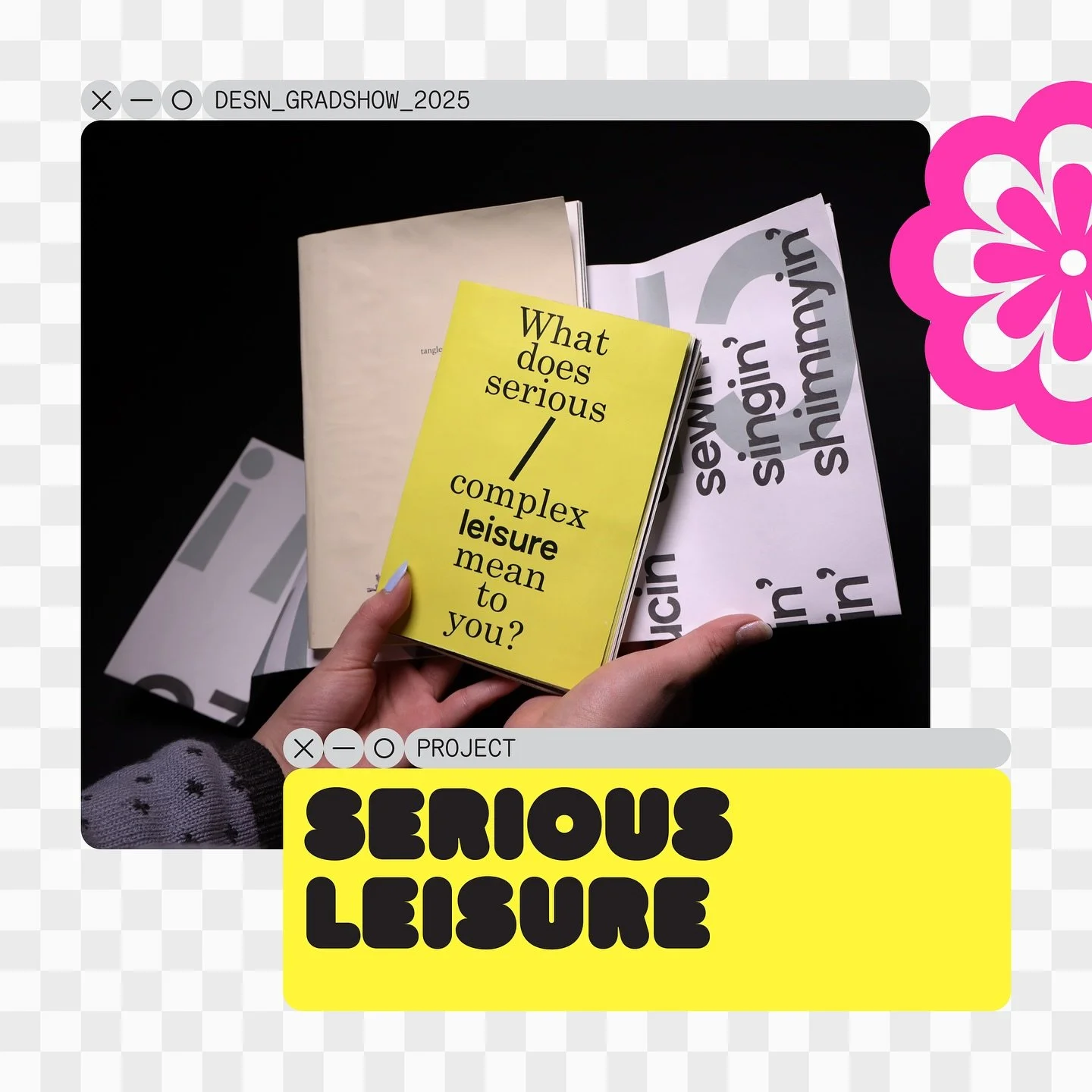 Serious Leisure by Jocelyn Zin

&ldquo;This publication contains personal feelings and perceptions about serious leisure in artistic pursuits from creative friends, family members, and mutuals. I asked a total of 19 people&mdash;mostly residing in To