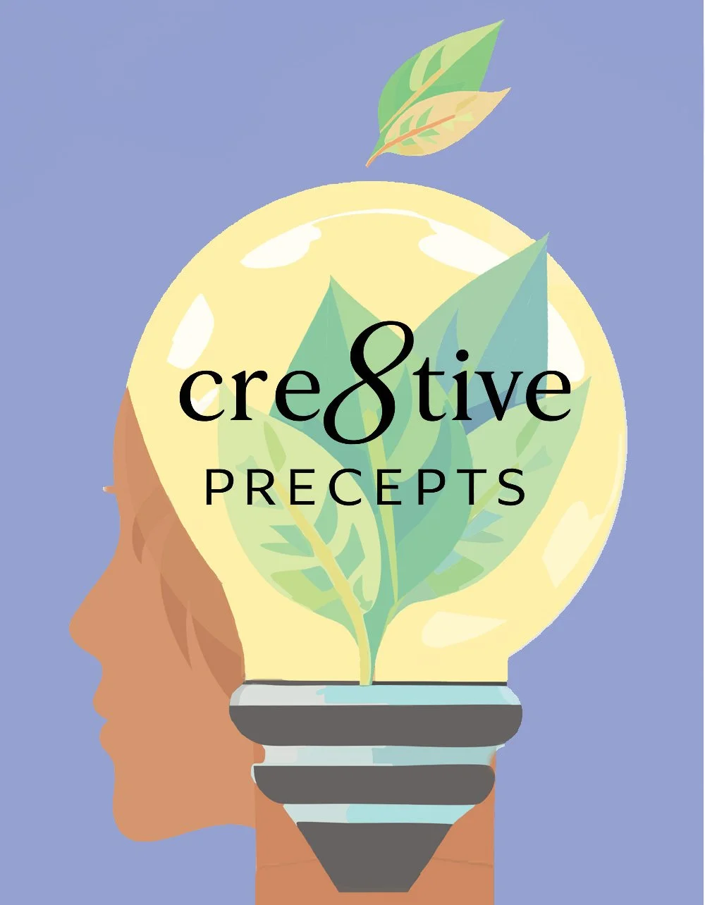 Illustration of a person's profile with a lightbulb containing green leaves inside, symbolizing creativity and eco-friendly ideas, with the text "creative PRECEPTS" over the lightbulb.