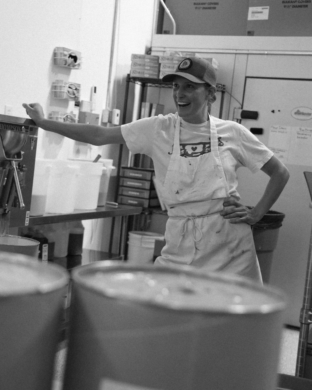 Every flavor begins in the factory, and Kim is at the heart of it all. As our production manager, she carefully measures, mixes, and monitors each batch to make sure it meets our Genuine standards. From the first pour to the final churn, her attentio