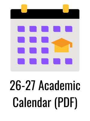 image of a page of a monthly calendar with purple grey and black with text below that says "26-27 Academic Calendar (PDF)"