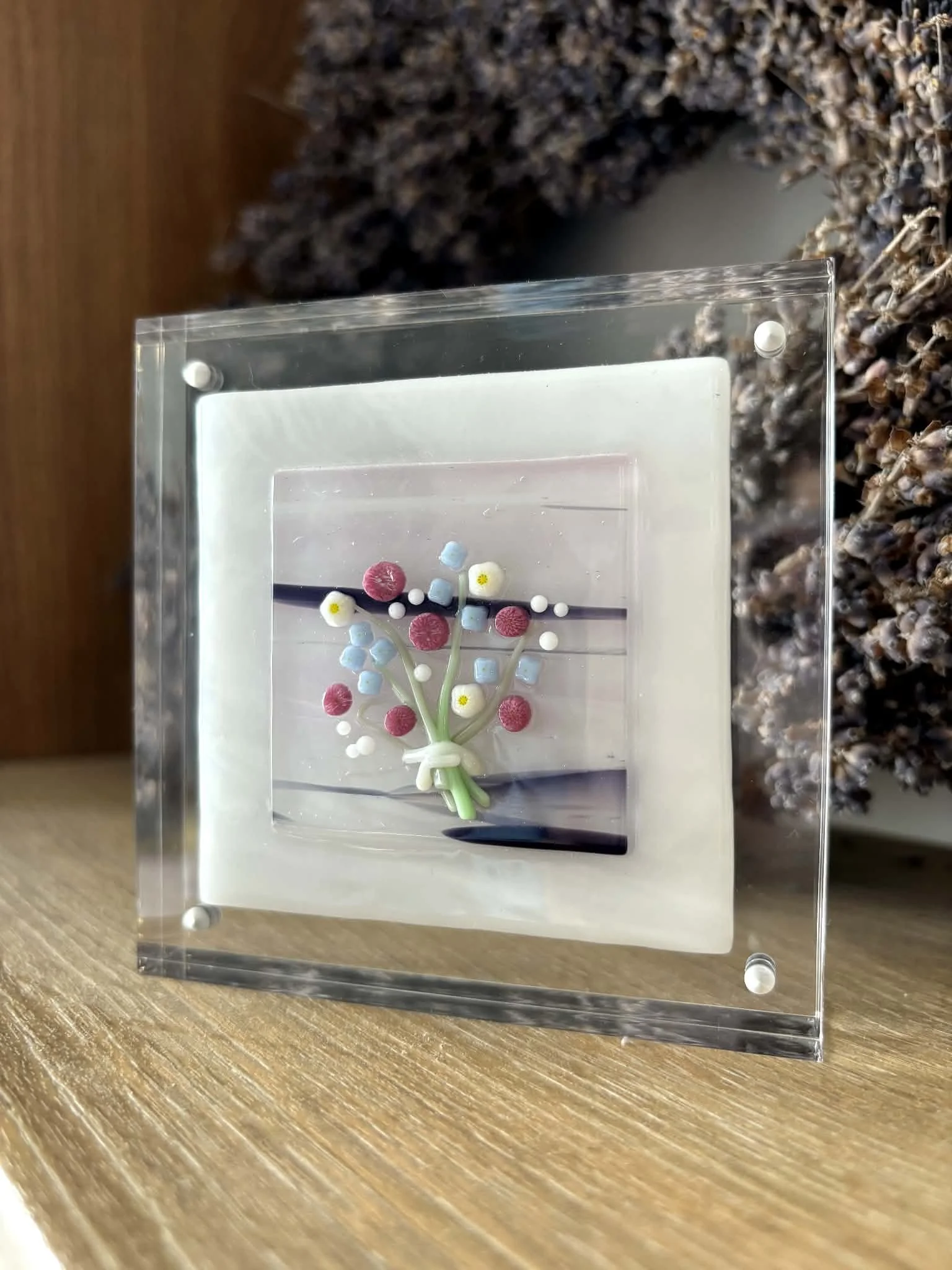 "Bouquet 2"
A custom fused glass piece crafted to commemorate a beautiful wedding bouquet. 
