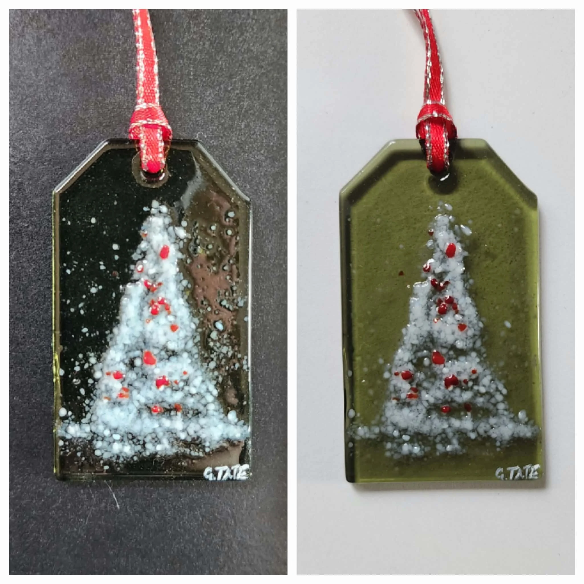 Red/White Tree Ornament - Fused Glass