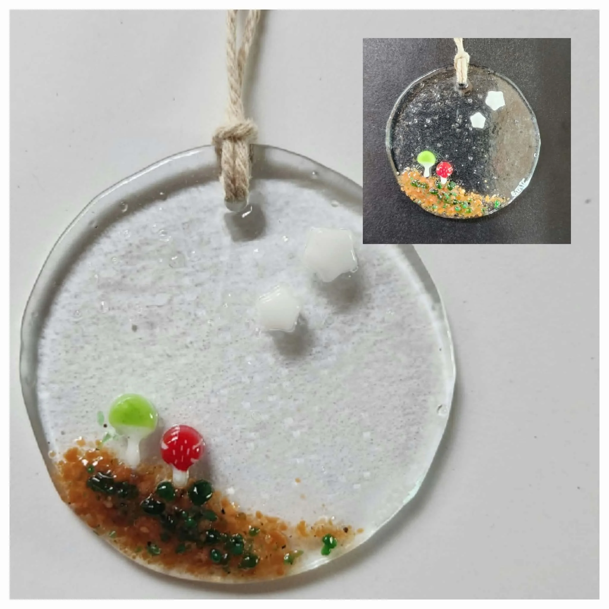 Green/Red Mushrooms Ornament - Fused Glass