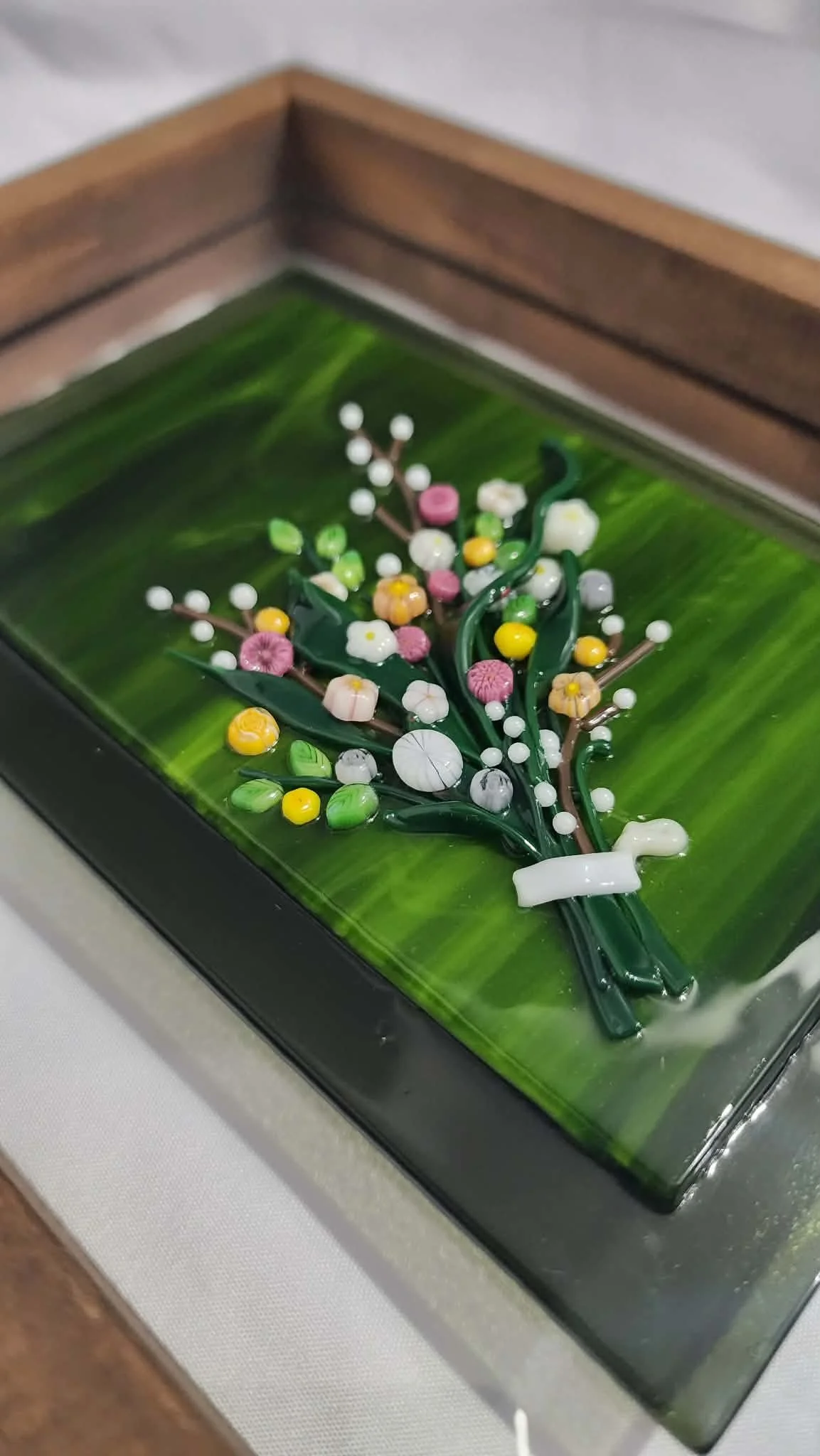 "Bouquet 3"
A custom fused glass piece crafted to commemorate a beautiful wedding bouquet. 

