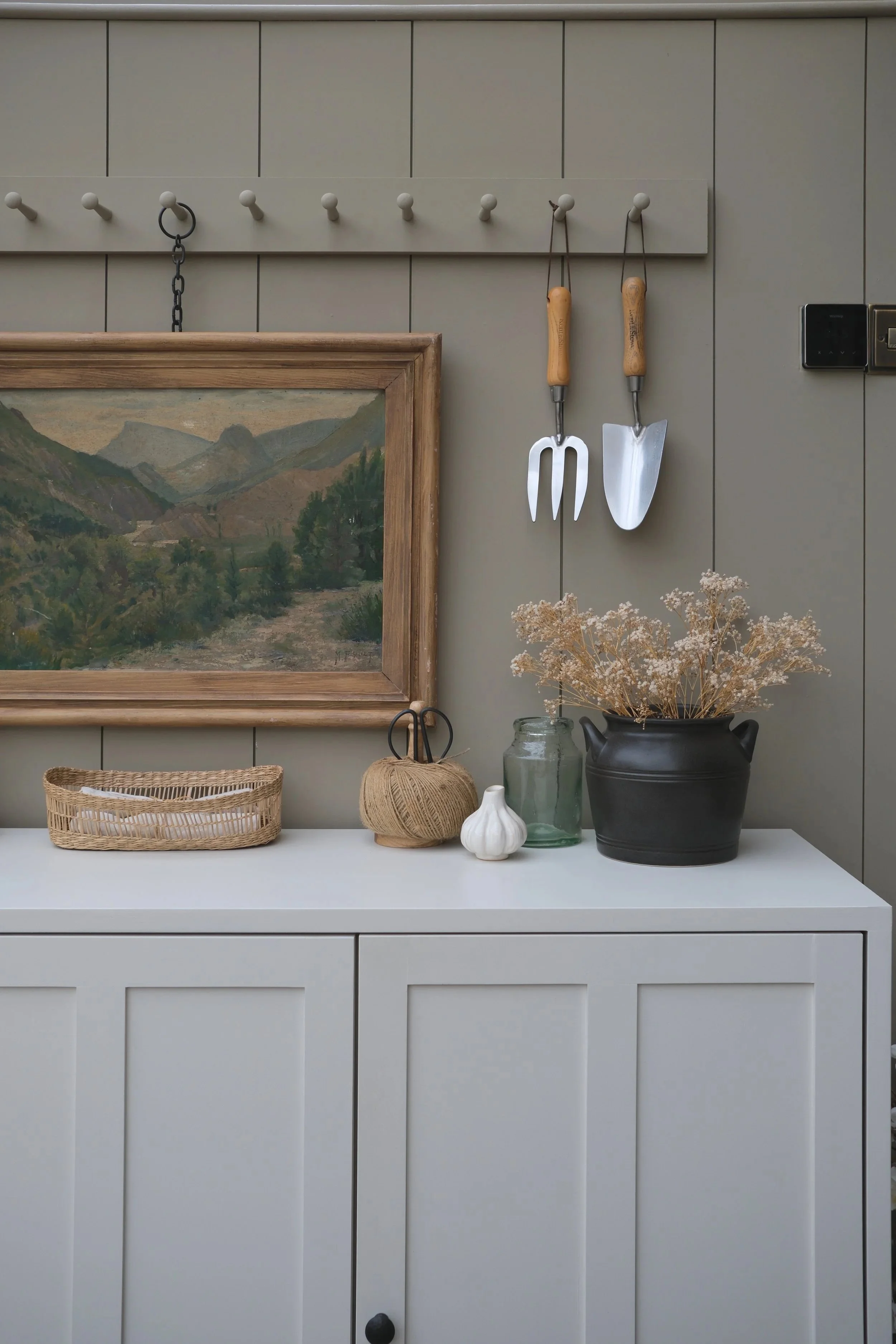 Styled console with natural textures, rustic accents, and timeless details, reflecting luxury interior design in London, South East.