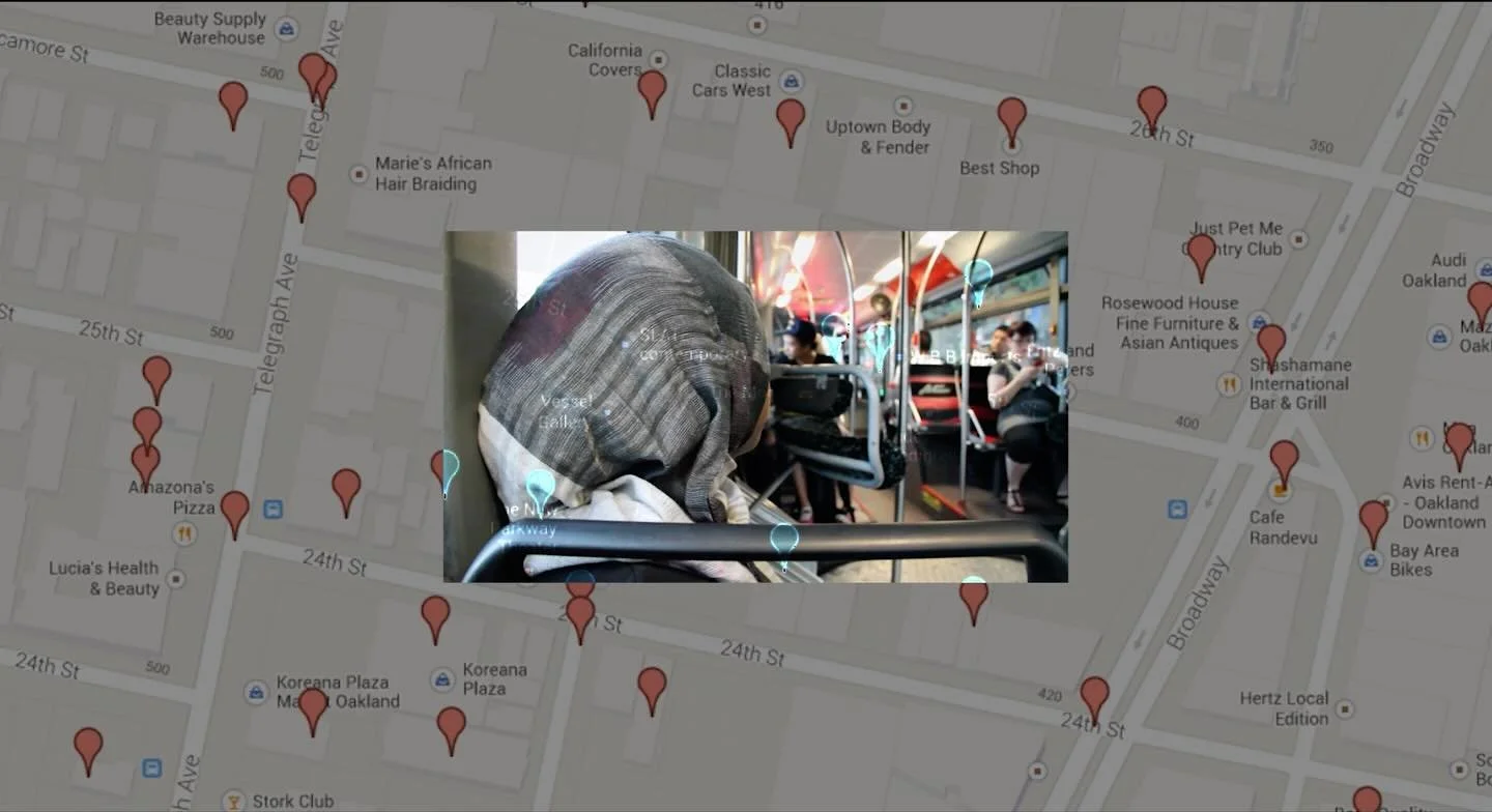 Just dropping some images from Medina By the Bay: Scenes of Muslim Study and Struggle, the larger project that included films, video installations, and more. Maps of surveillance cameras and riding the bus to Jumu&rsquo;a, FBI files, and praying in t