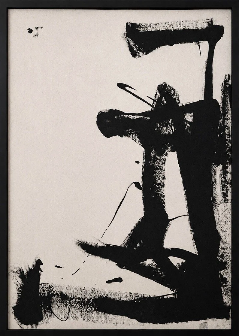 Abstract expressionism art of black paint painted onto a natural duck canvas, framed in black.