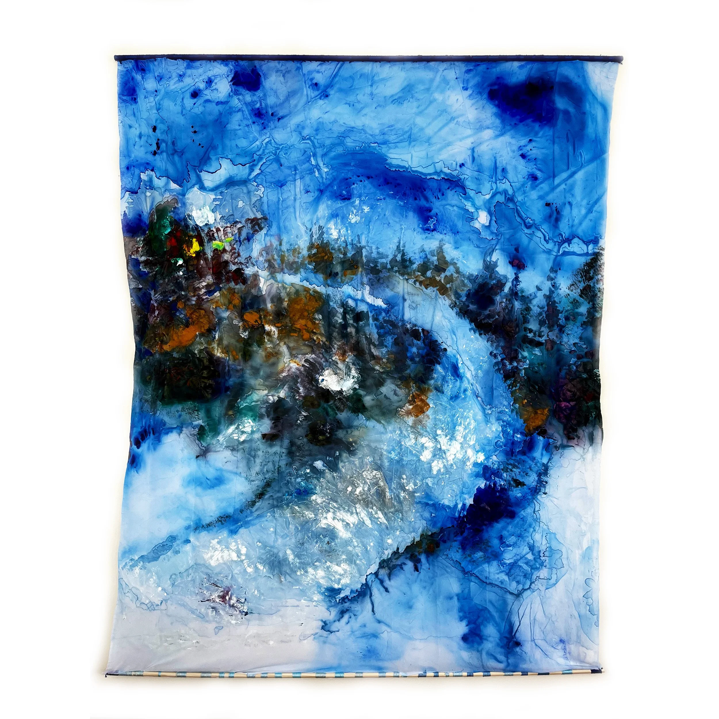 Water Land, 2025, acrylic, embroidery thread, wooden dowels, 73 x 60 inches