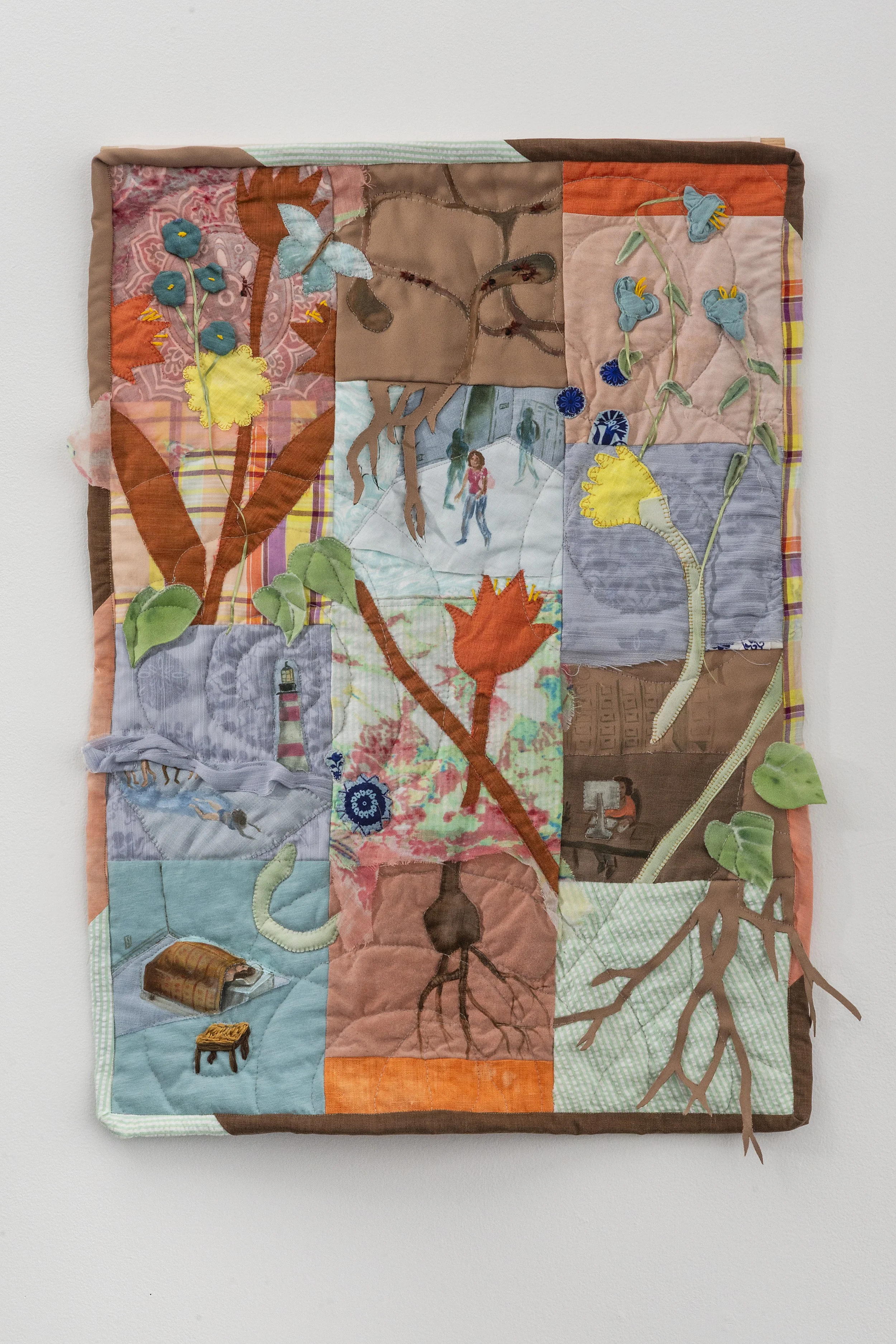 Katrina Slavik,
A Day in the Life, 2025, Fabric paint and embroidery on repurposed fabric, 33"h x 23"w.
