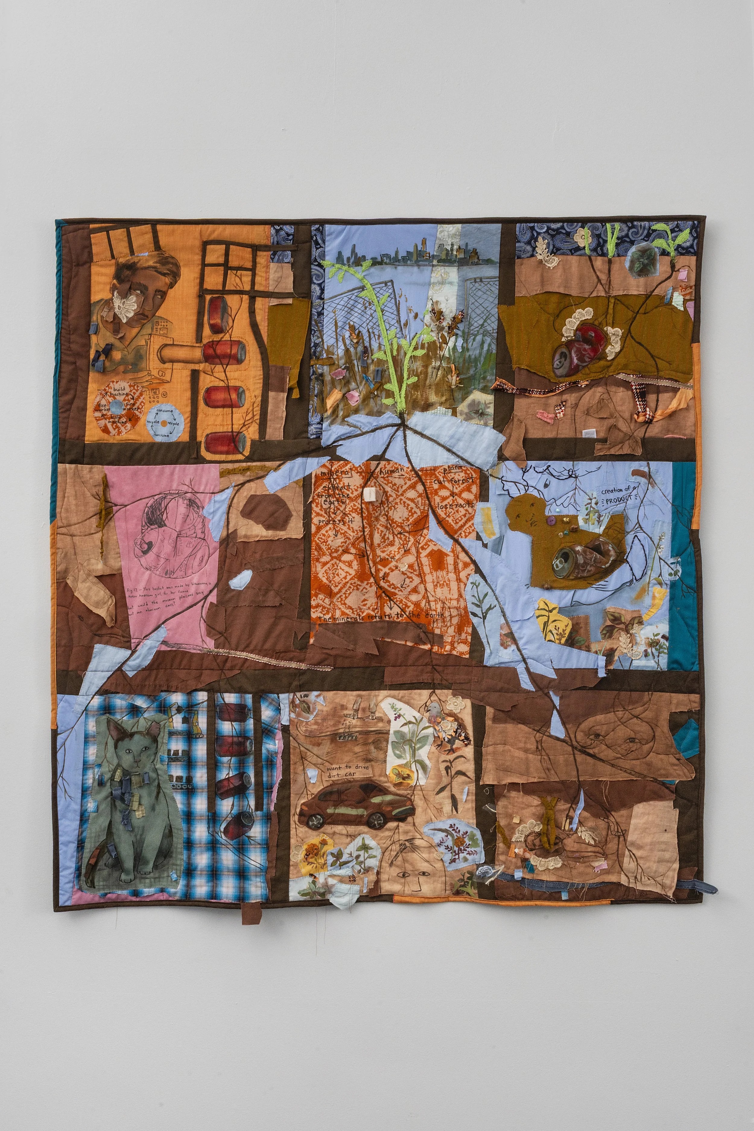 Katrina Slavik,
The Birth and Death of Aluminum Cans, 2024, Fabric paint on repurposed fabric, 54”h x 52”w.