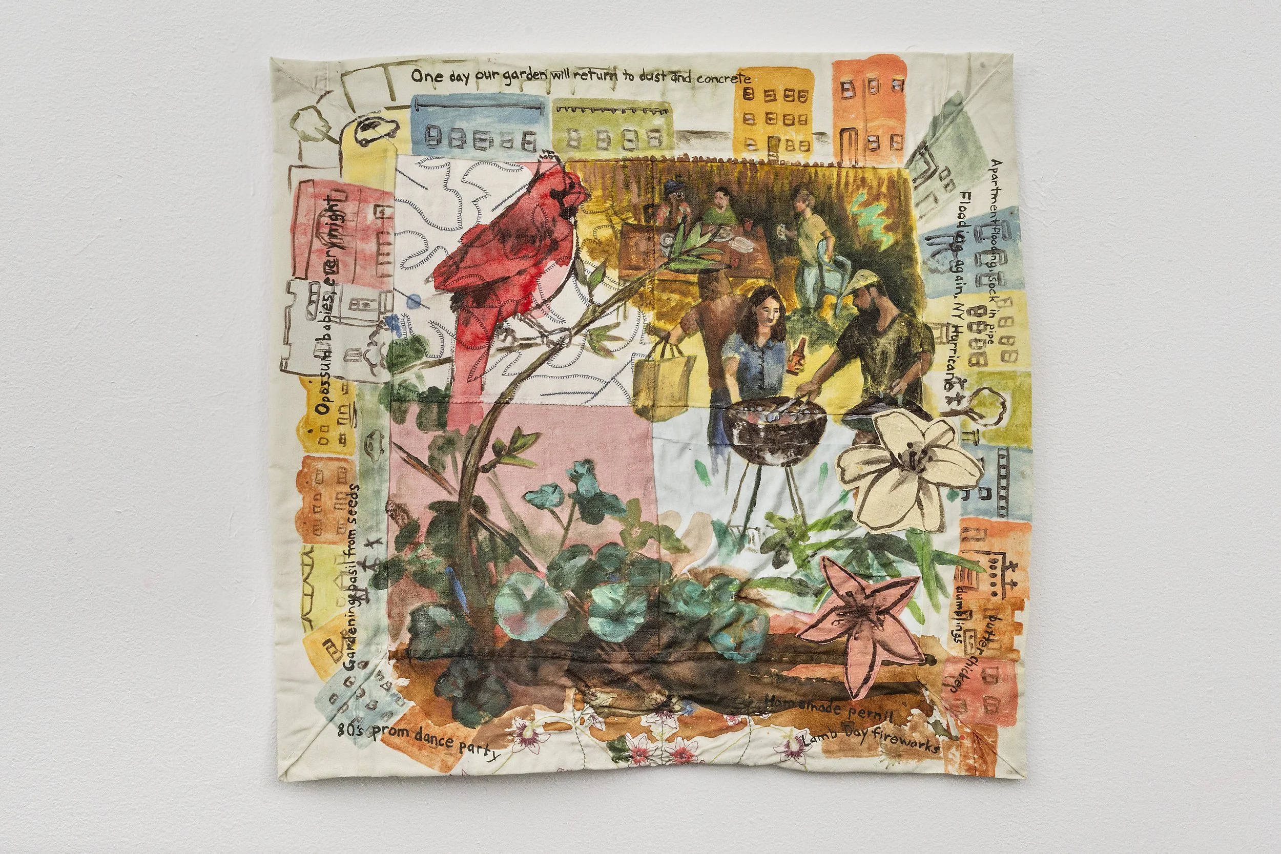 Katrina Slavik,
Backyard Garden Spirit Blessing the Feast, 2023, Acrylic on old pillow case, clothing, and repurposed fabric, 21”h x 22”w.