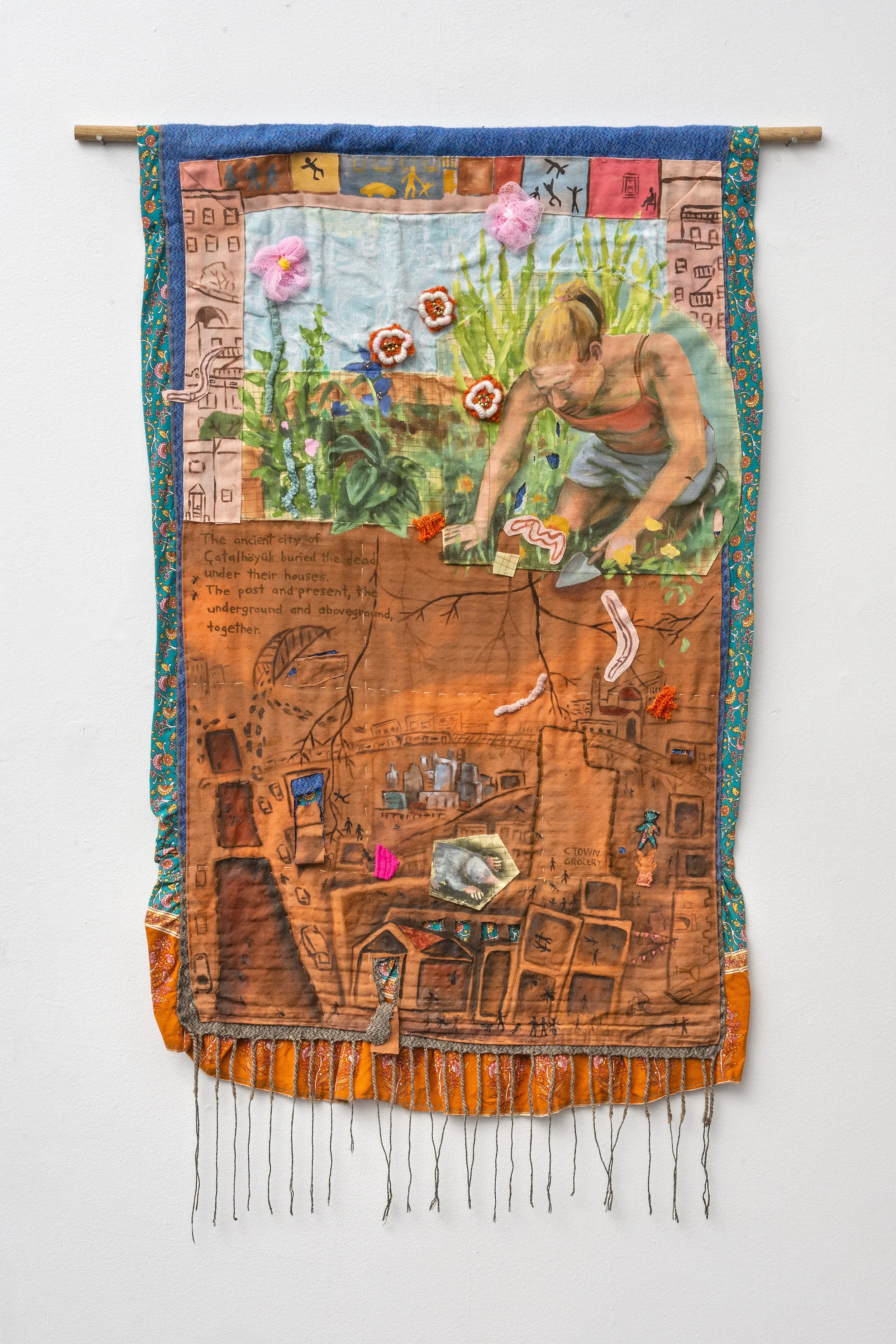 Katrina Slavik,
Hidden Cities, 2024, Acrylic on repurposed fabric with repurposed paper, 47”h x 25”w.