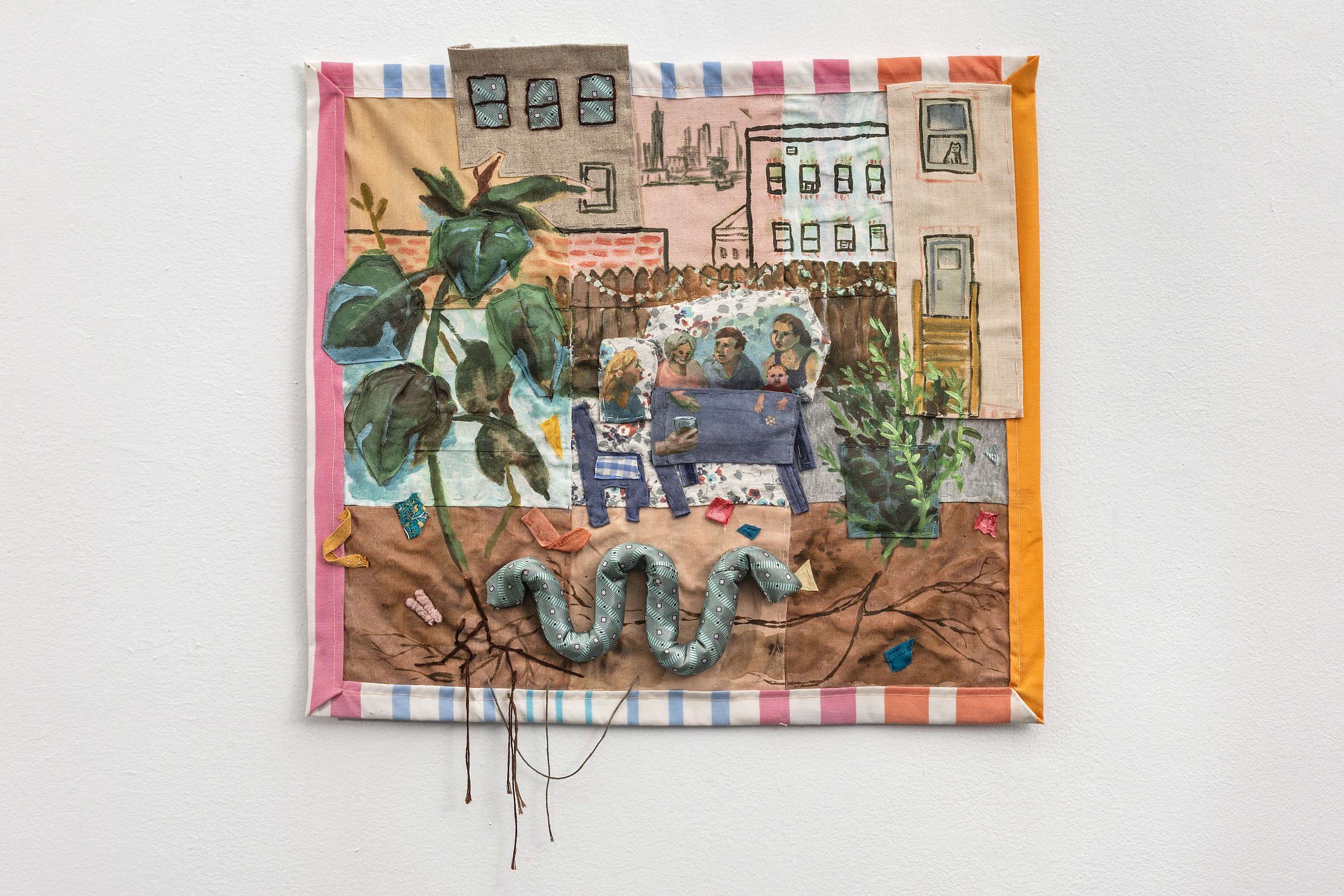 Katrina Slavik,
Backyard in Summer, 2023, Acrylic and embroidery on repurposed fabric,  24”h x 21”w.