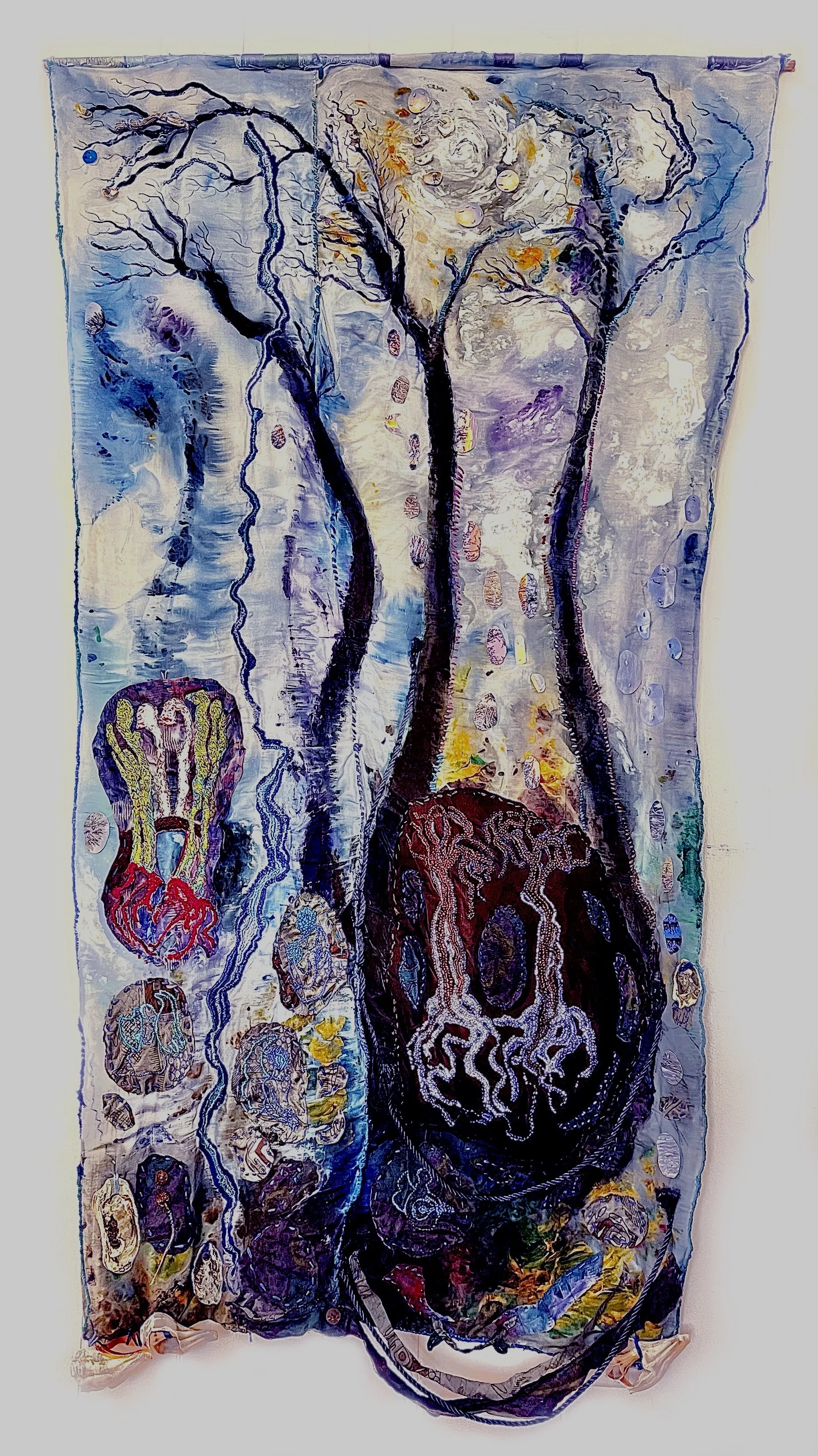 Collective Time, 2025, acrylic, embroidery, cotton, wood, worn clothing, photos of the NY landscape during different seasons and times of day, Long Island shells, seeds, and a brach from White Sands National Park, 60 x 36 x 2 inches