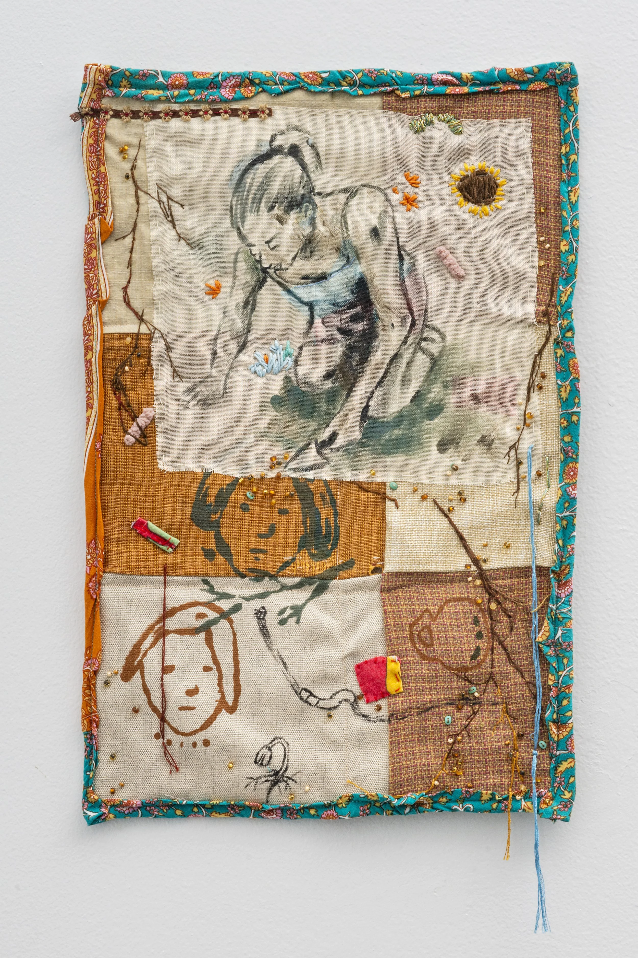 Katrina Slavik,
New Roots Follow the Old Veins, 2023, Acrylic and embroidery on repurposed fabric, 20”h x 12”w.