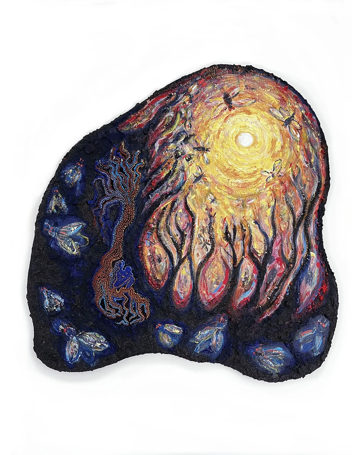 Magicicada Rising, 2026, acrylic, embroidery, NY soils, wood panel, 21"h  x  20.5" w (private collection)