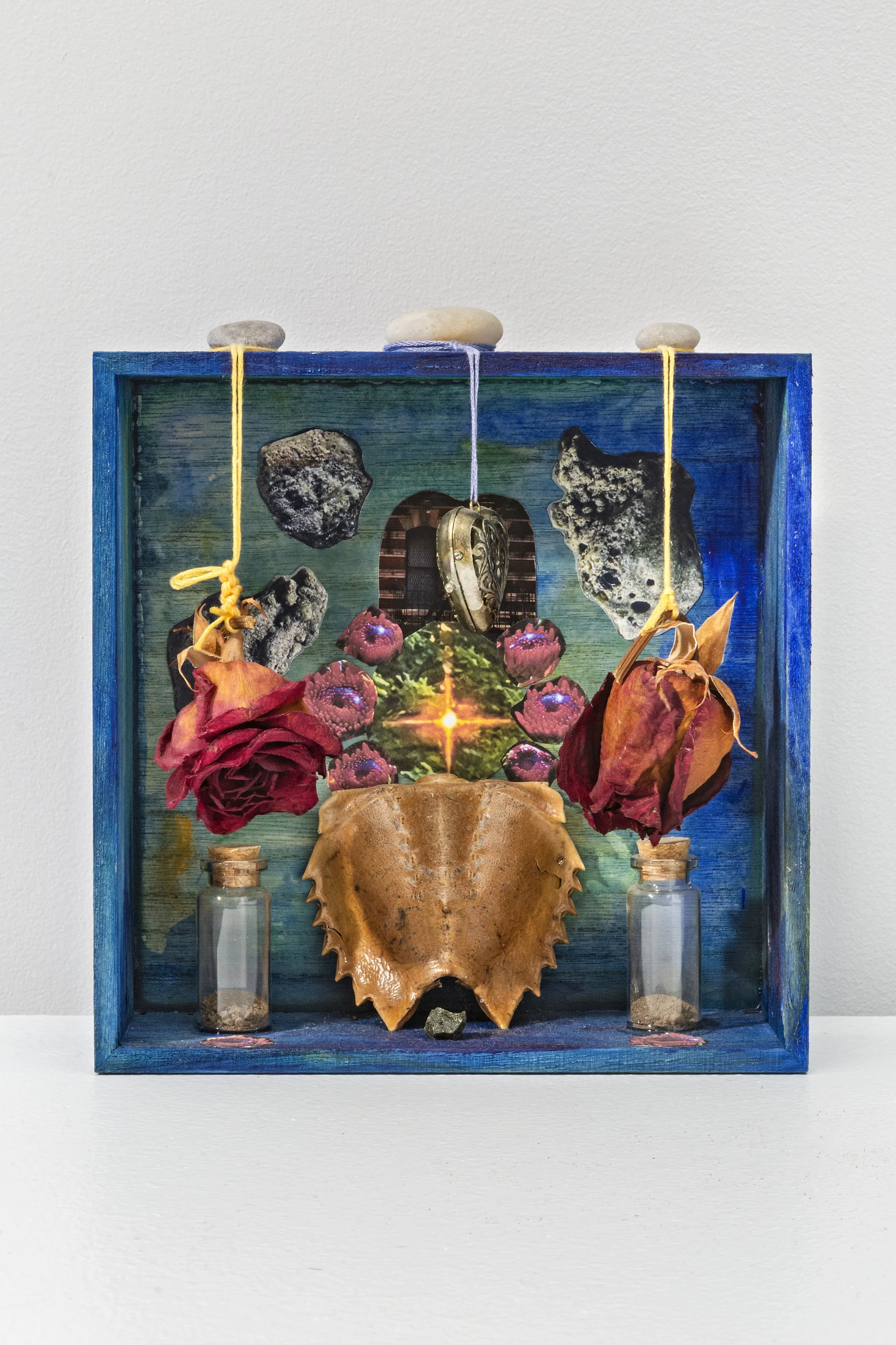 Melinda Kiefer Santiago,
To Trinitite (A Vast MultiColored Cloud Rose into the Sky), 2024, dried roses, horseshoe crab, digital prints of hazy sun, trinitite, and apartment building, soil, stones, glass jars, locket, string, acrylic, wood, 8 x 8 x 2.