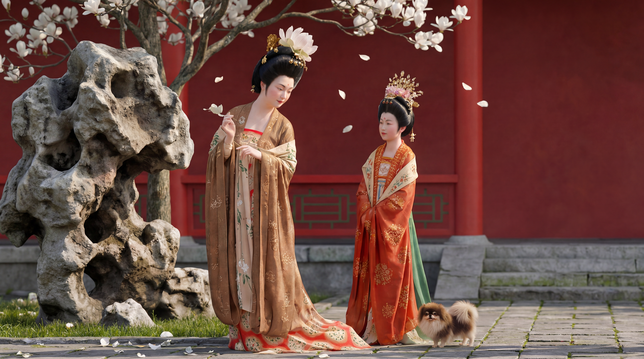 Court Ladies Adorning Their Hair with Flowers