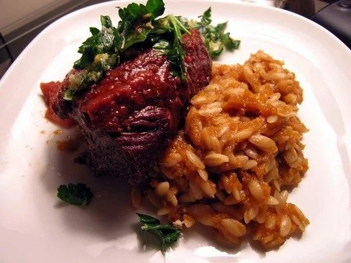 Babe, I'm on Fire: Braised Short Ribs with Horseradish Gremolata and Pumpkin Orzo