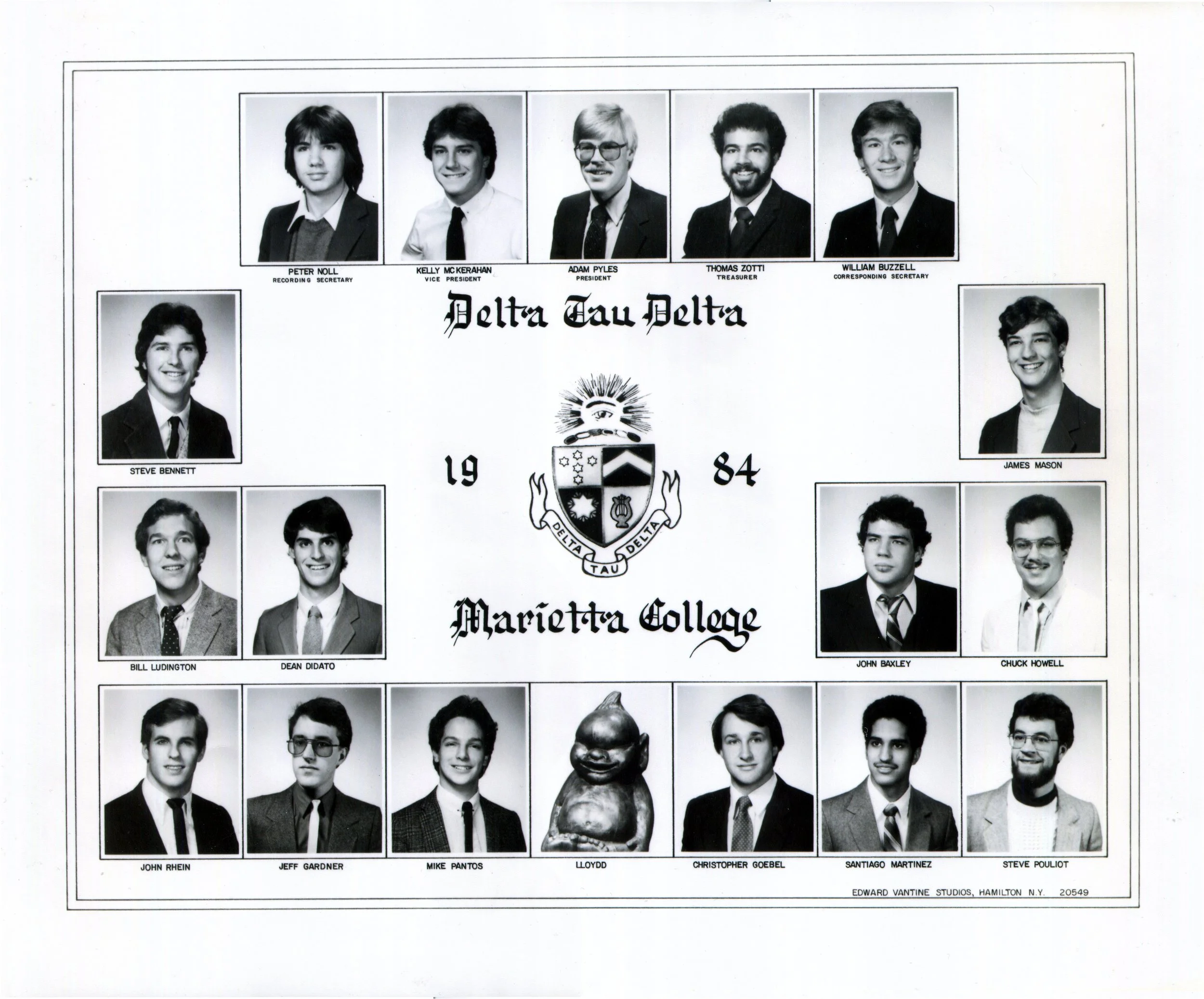 This is a photo composite of the members of Delta Tau Delta at Marietta College in 1984. In addition to the 17 young men, there is a picture of the mascot known as "Lloydd". The composite was created by Vantine Studios and is numbed 20549.