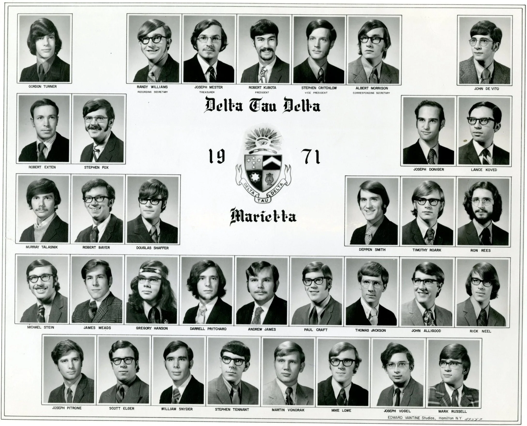 Photo composite of Epsilon Upsilon Chapter of Delta Tau Delta Fraternity at Marietta College Year 1971