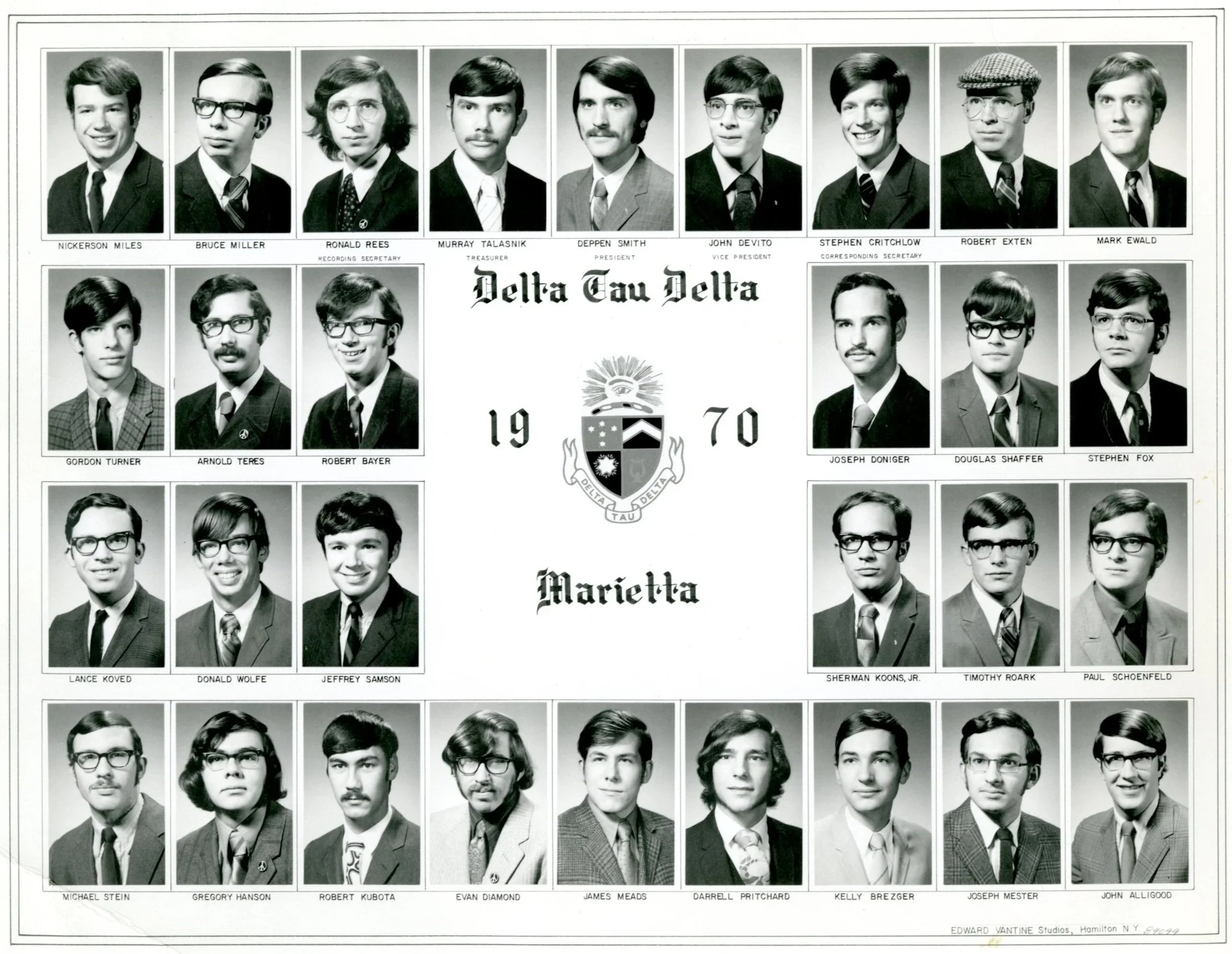 Photo composite of Epsilon Upsilon Chapter of Delta Tau Delta Fraternity at Marietta College Year 1970