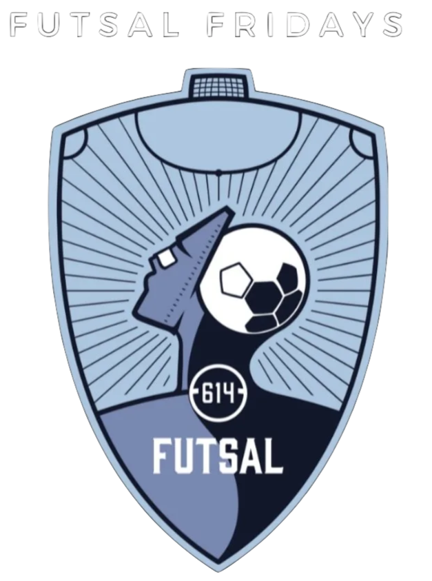 A Futsal badge with a shield shape, featuring a stylized sneaker kicking a soccer ball, and the number 614.4, with the words 'FUTSAL' and 'FUTSAL FRIDAYS' at the top.