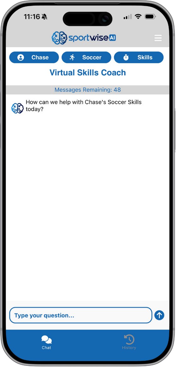 Mobile phone screen showing a virtual skills coach chat interface from sportwise AI, with options for Chase, Soccer, and Skills, and a message asking how to help with Chase's Soccer Skills today.