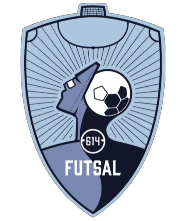 A sports badge or logo for the sport of futsal, featuring a side profile of a person's head with a soccer ball, rays radiating from the head, and the number 614.