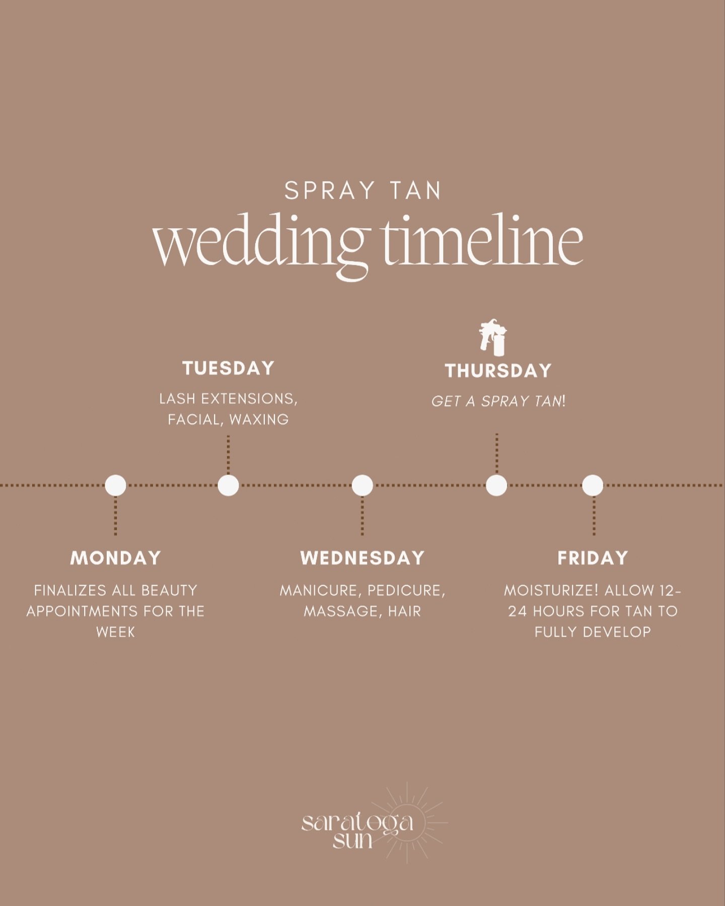 Timeline checklist ✔️
For that soft, bronzed finish&mdash; 
Spray tan 48 hours before the wedding 🤎

#weddingprep #bridalbeauty #bronzed #saratogasun #bridal #saratogasprings