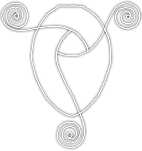 Abstract black and white line drawing with spiral and curved shapes.