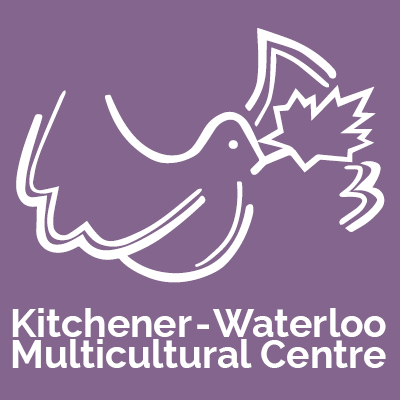 Logo of Kitchener-Waterloo Multicultural Centre with a stylized dove carrying a maple leaf on a purple background.