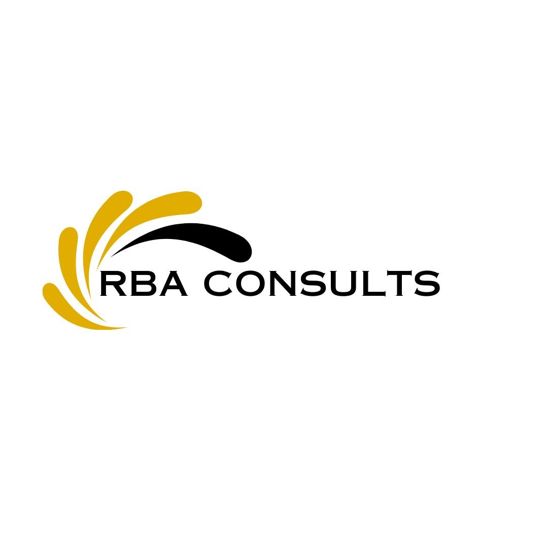 Logo of RBA Consults with abstract yellow and black design.