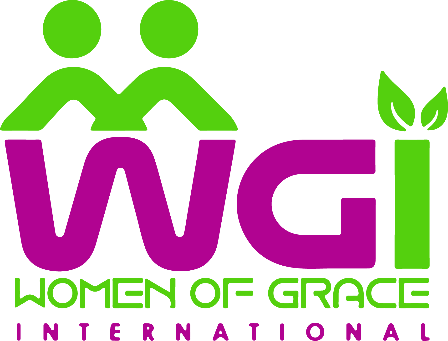 Logo of Women of Grace International with green and purple text and two stylized human figures and leaves.