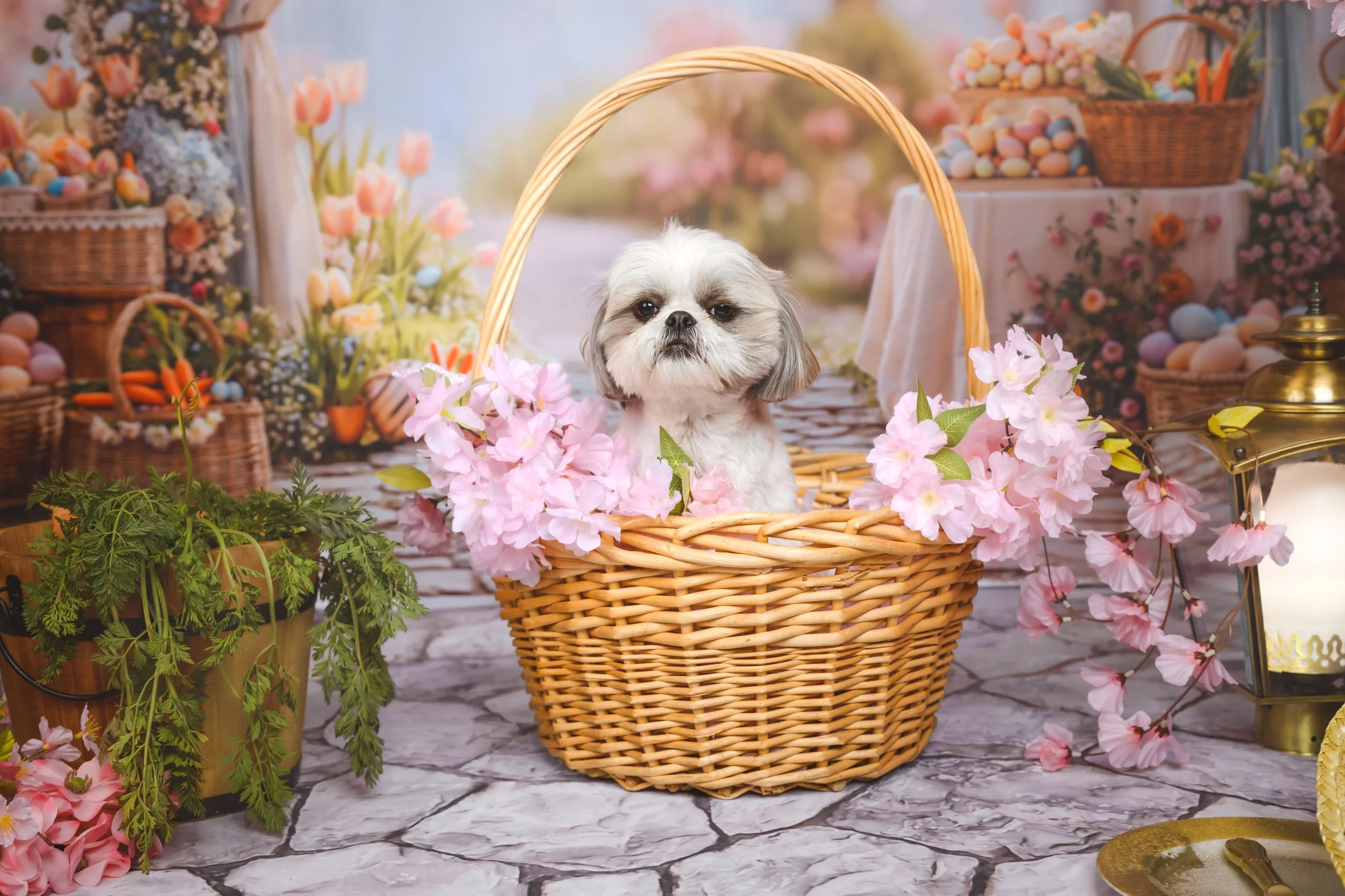 A small dog in a wicker basket surrounded by pink flowers, set in an outdoor spring or Easter-themed scene with baskets of eggs and greenery.