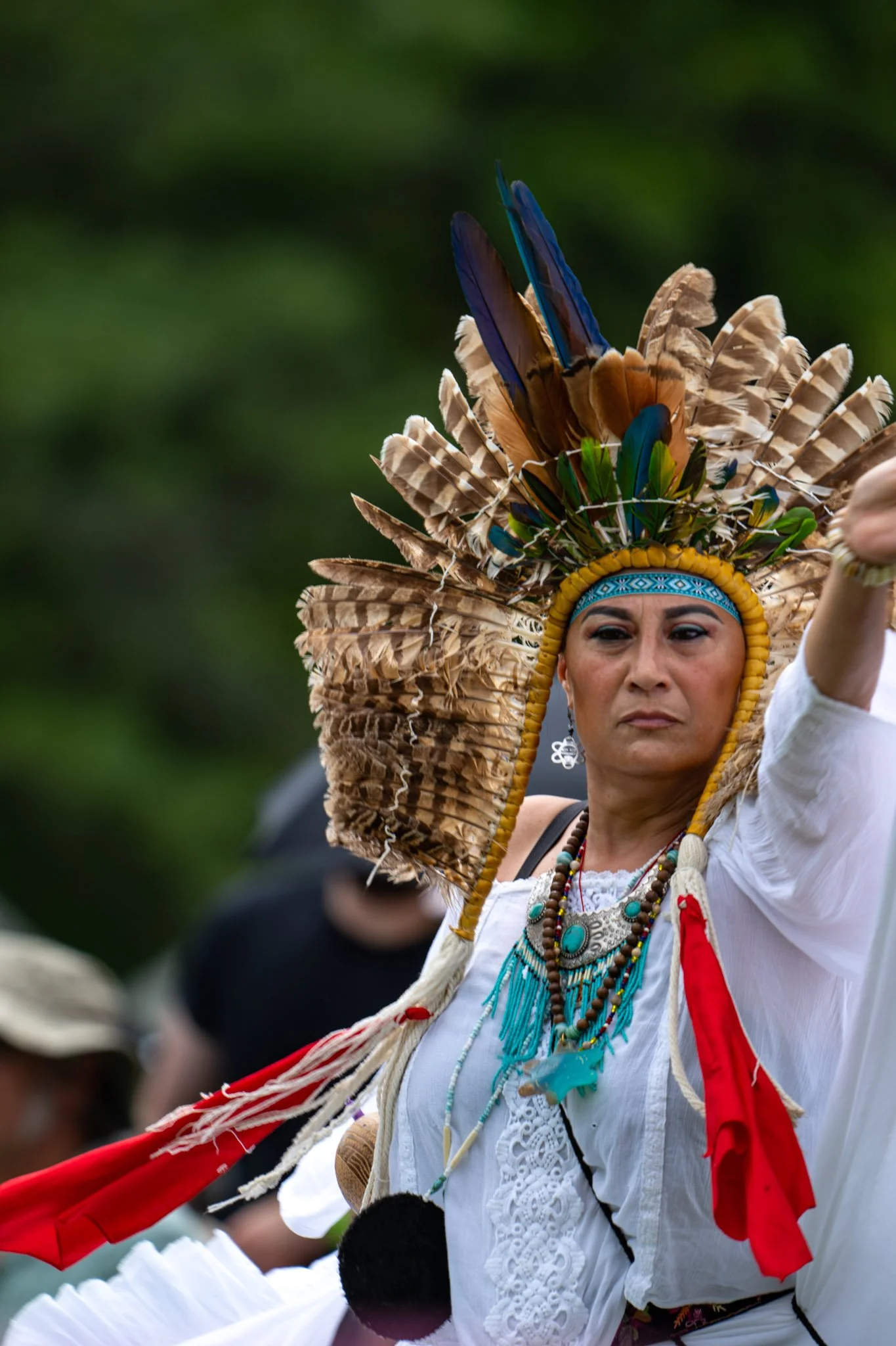 A woman wearing a traditional headdress made of feathers, jewelry, and a white dress, participating in a cultural event or celebration.