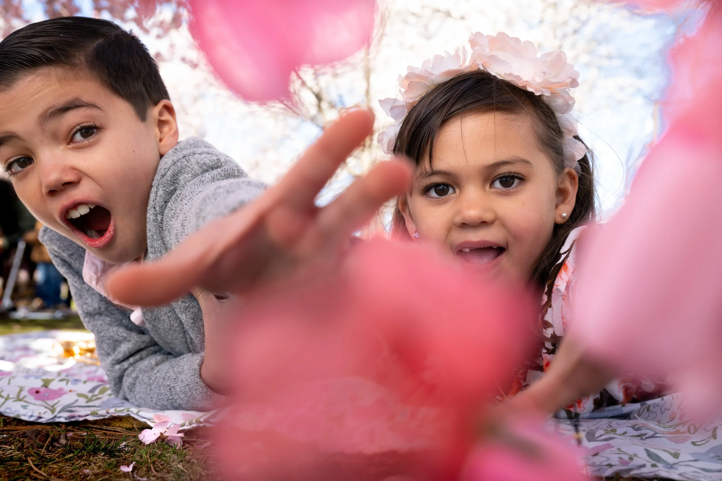 Two children, a boy and a girl, lying on a blanket outdoors during spring, reaching towards the camera with pink flowers in the foreground and blooming trees in the background.