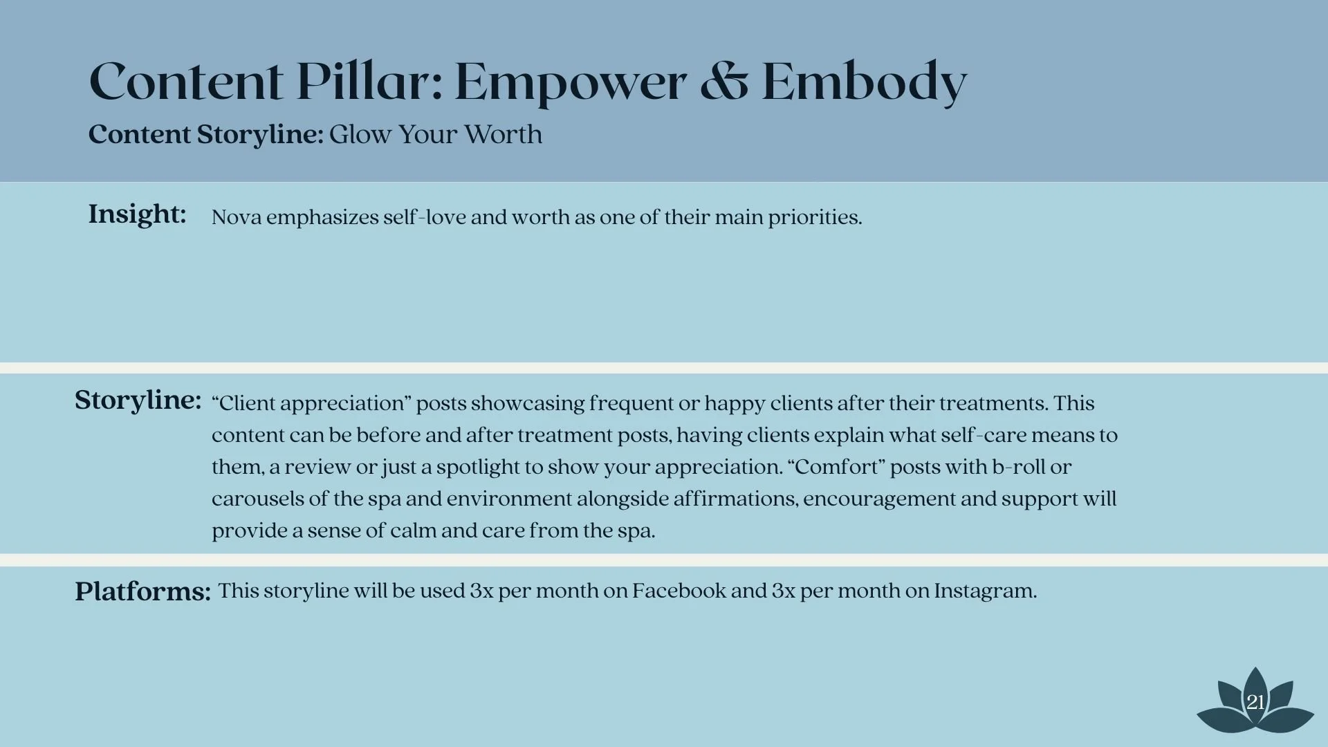 Empower and embody content pillar with glow your worth storyline for Nova Skin & Body