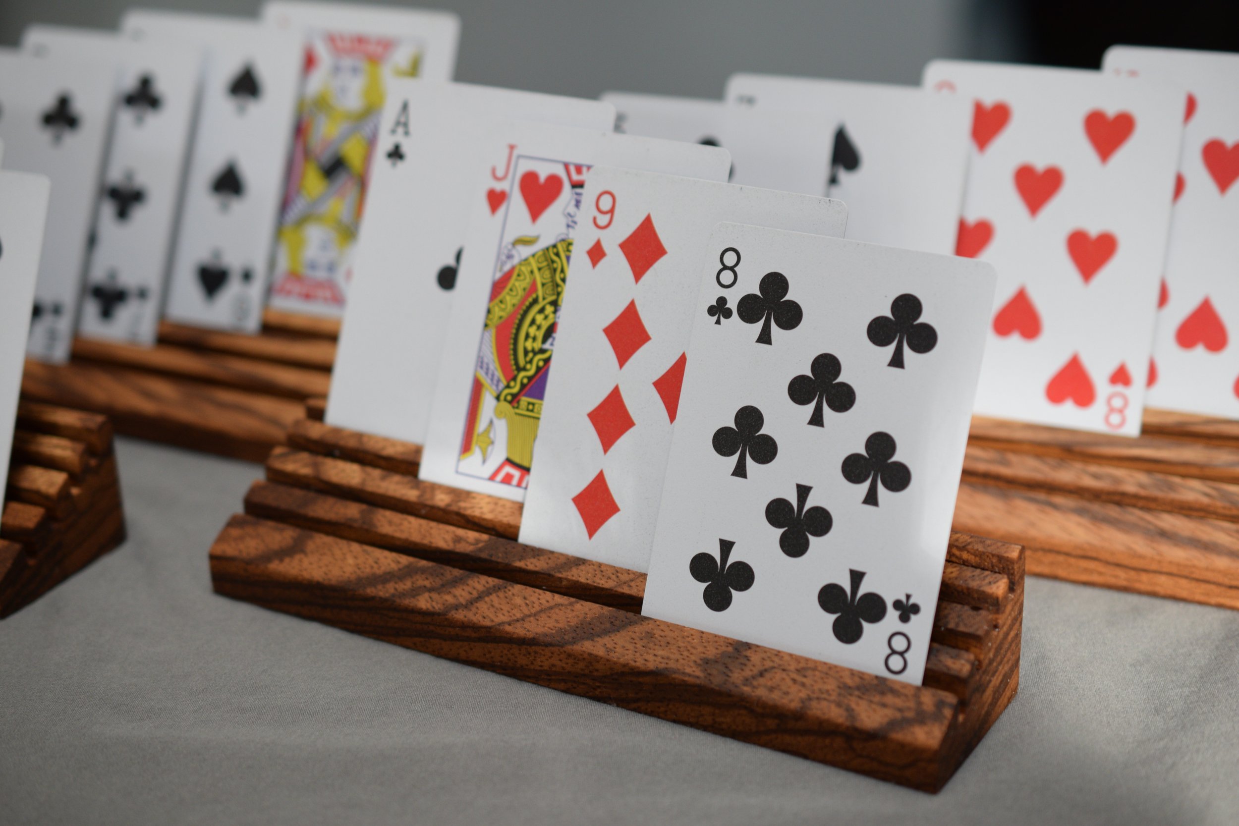Playing card holders. Made with a variety of woods. 