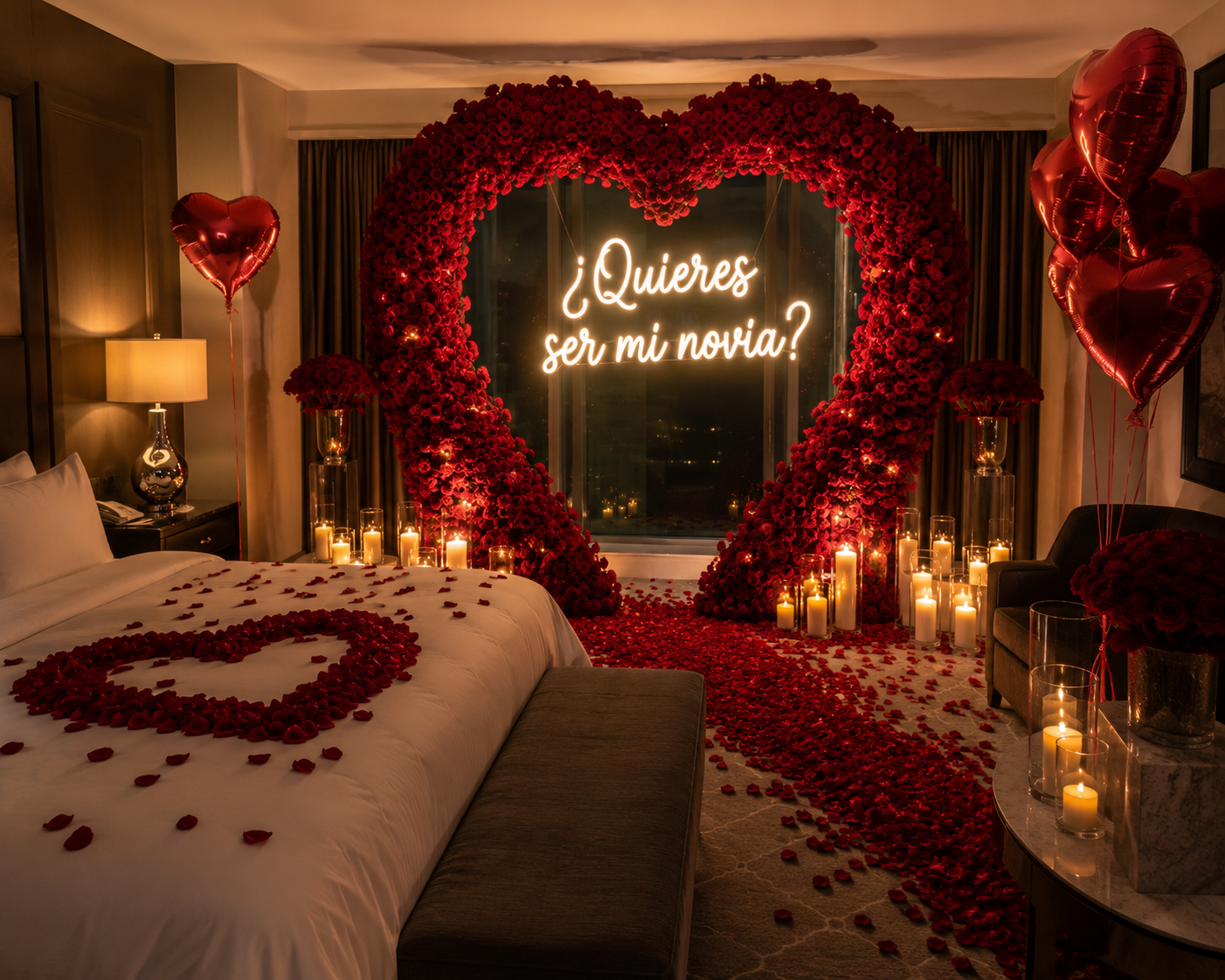 denver hotel room decorated with rose petals for someone asking her to be their girlfriend