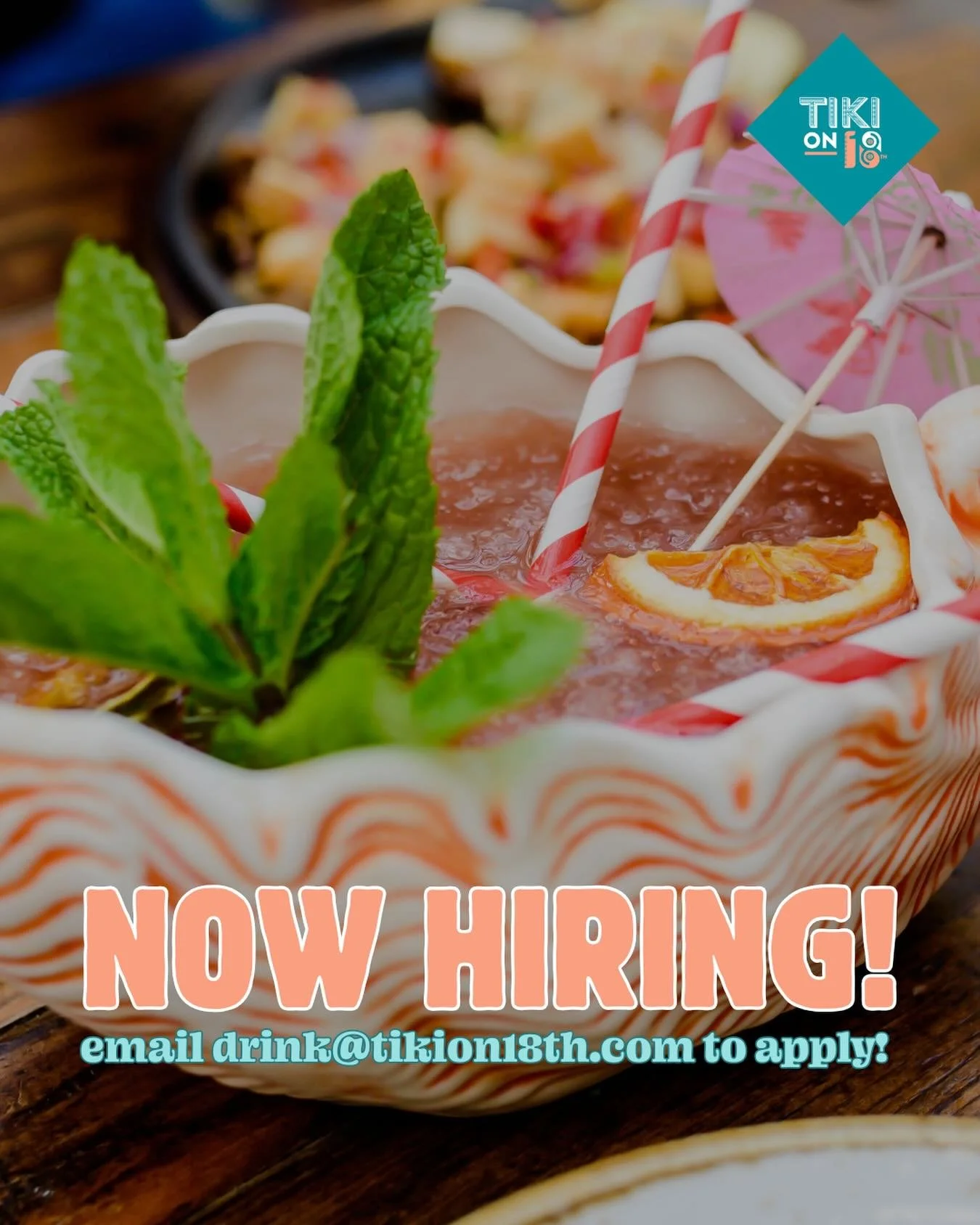 JOIN OUR TEAM! We&rsquo;re now hiring bartenders at Tiki on 18th 🍹🌺 Please email your resume to drink@tikion18th.com to apply.