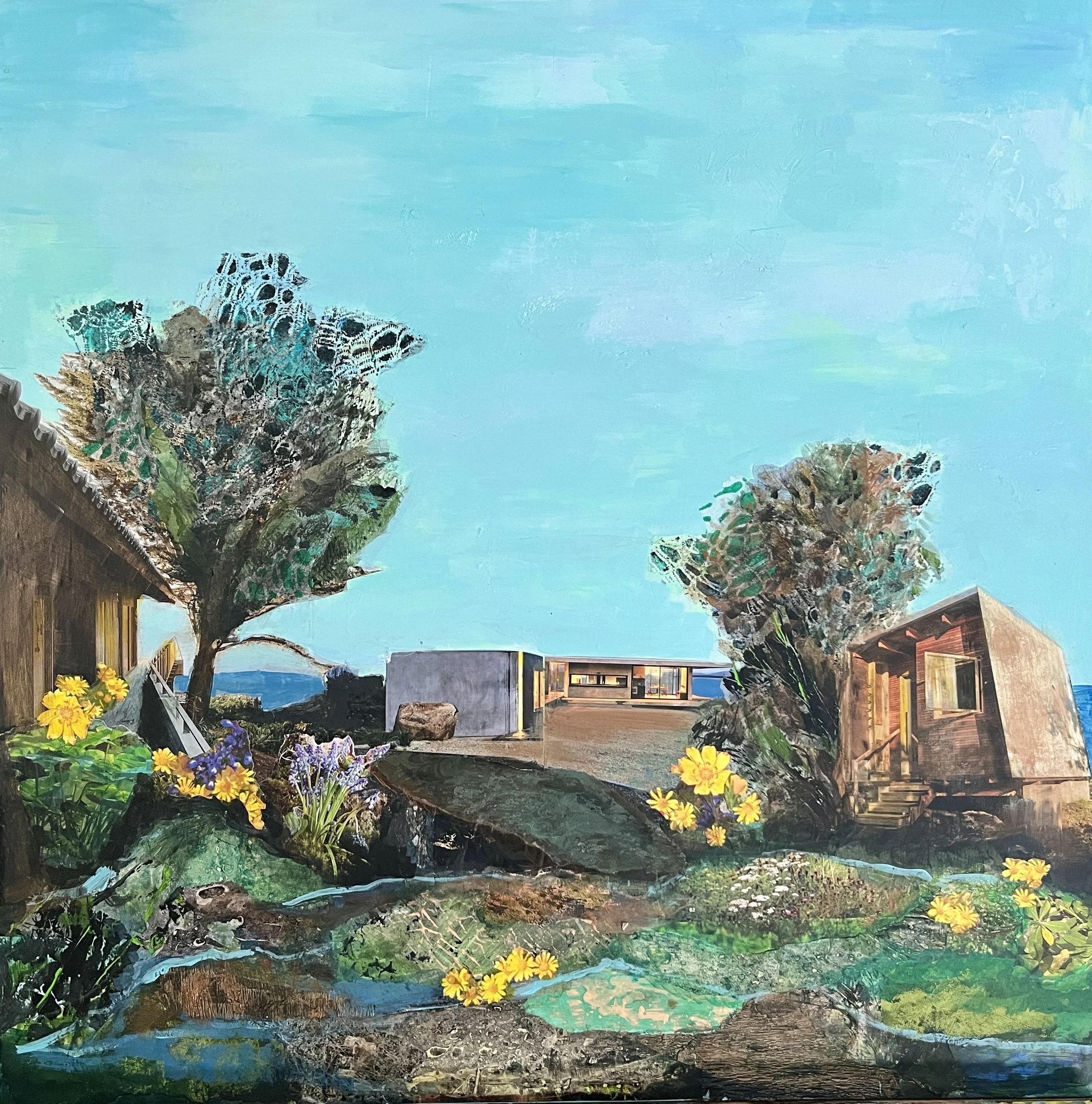 Into the Wild II - 2024, acrylic and collage on wood panel, 24"x 24"