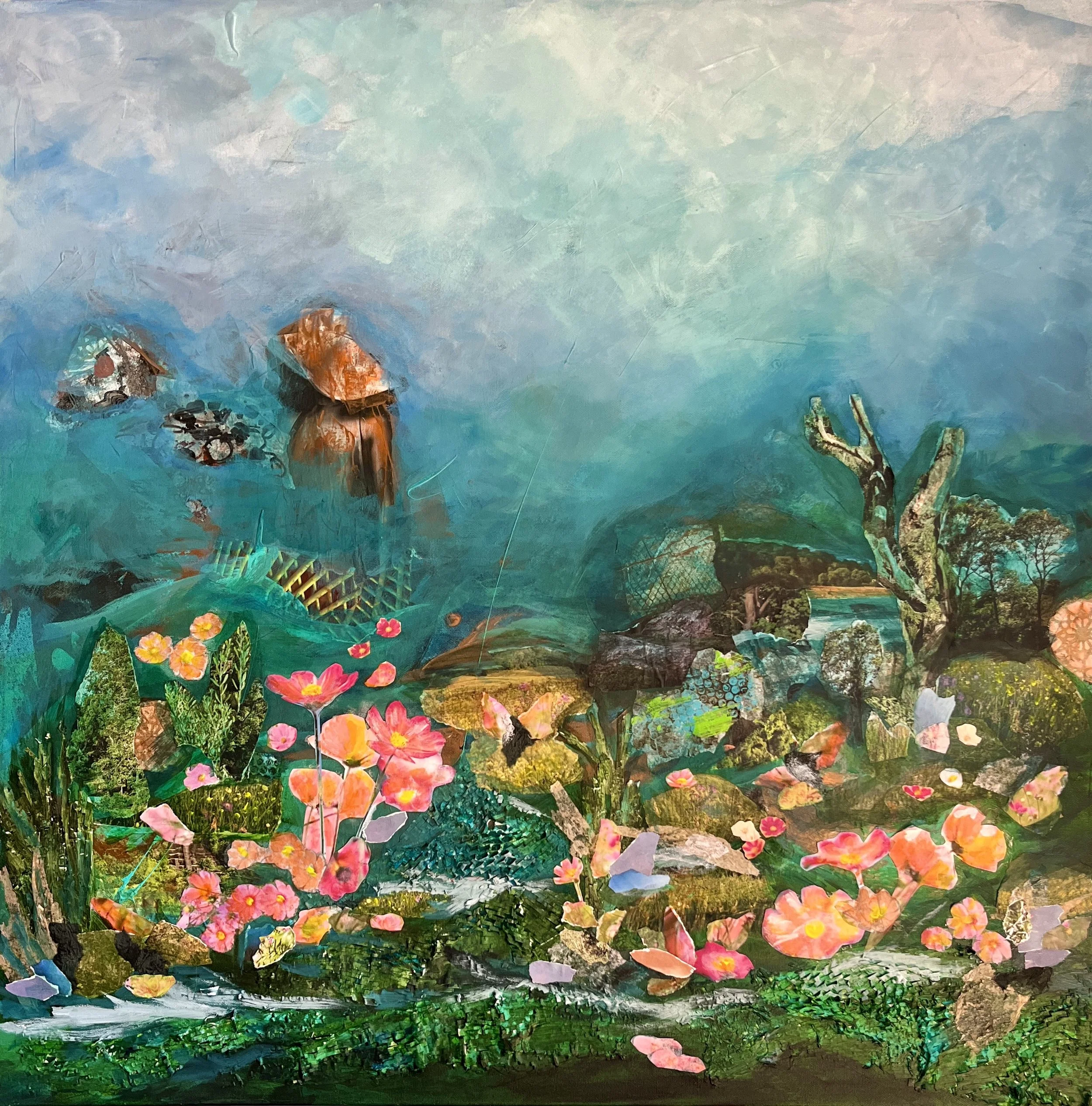 Land or Sea, 2024 - acrylic and collage on canvas, 36"x36"