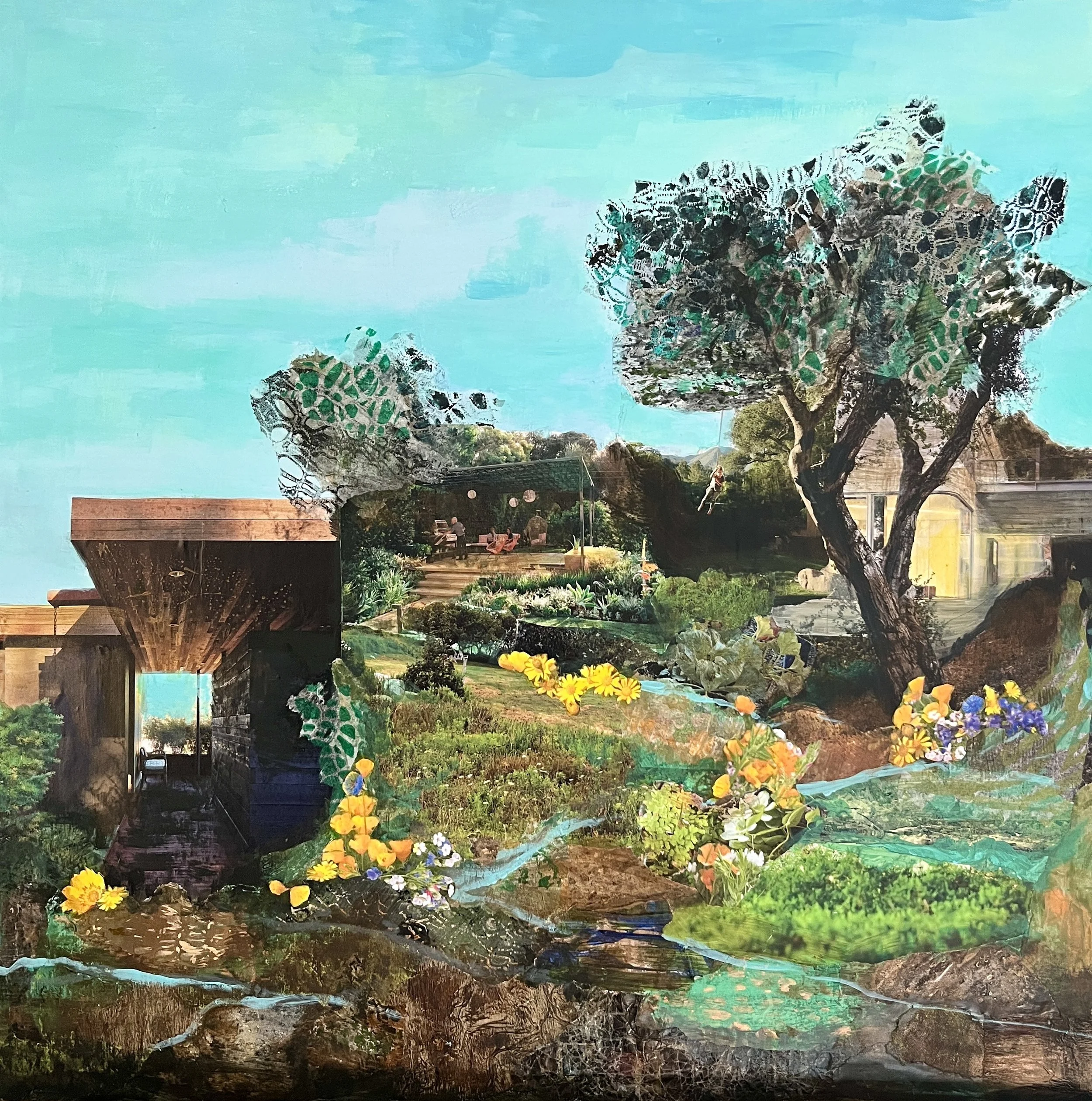 Into the Wild I - 2024, acrylic and collage on wood panel, 24"x24"