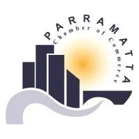 Logo of Paramatta Chamber of Commerce with stylized buildings, a boat, and a rising sun.