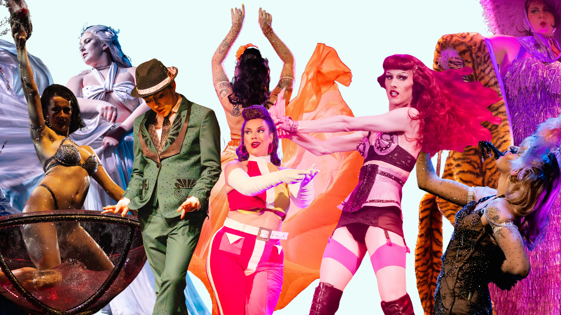 Group of performers on stage in colorful costumes, including a woman in red and white pants, a woman in pink and black lingerie, a woman with a feathered headdress, and others in elaborate outfits, with vibrant background and dynamic poses.