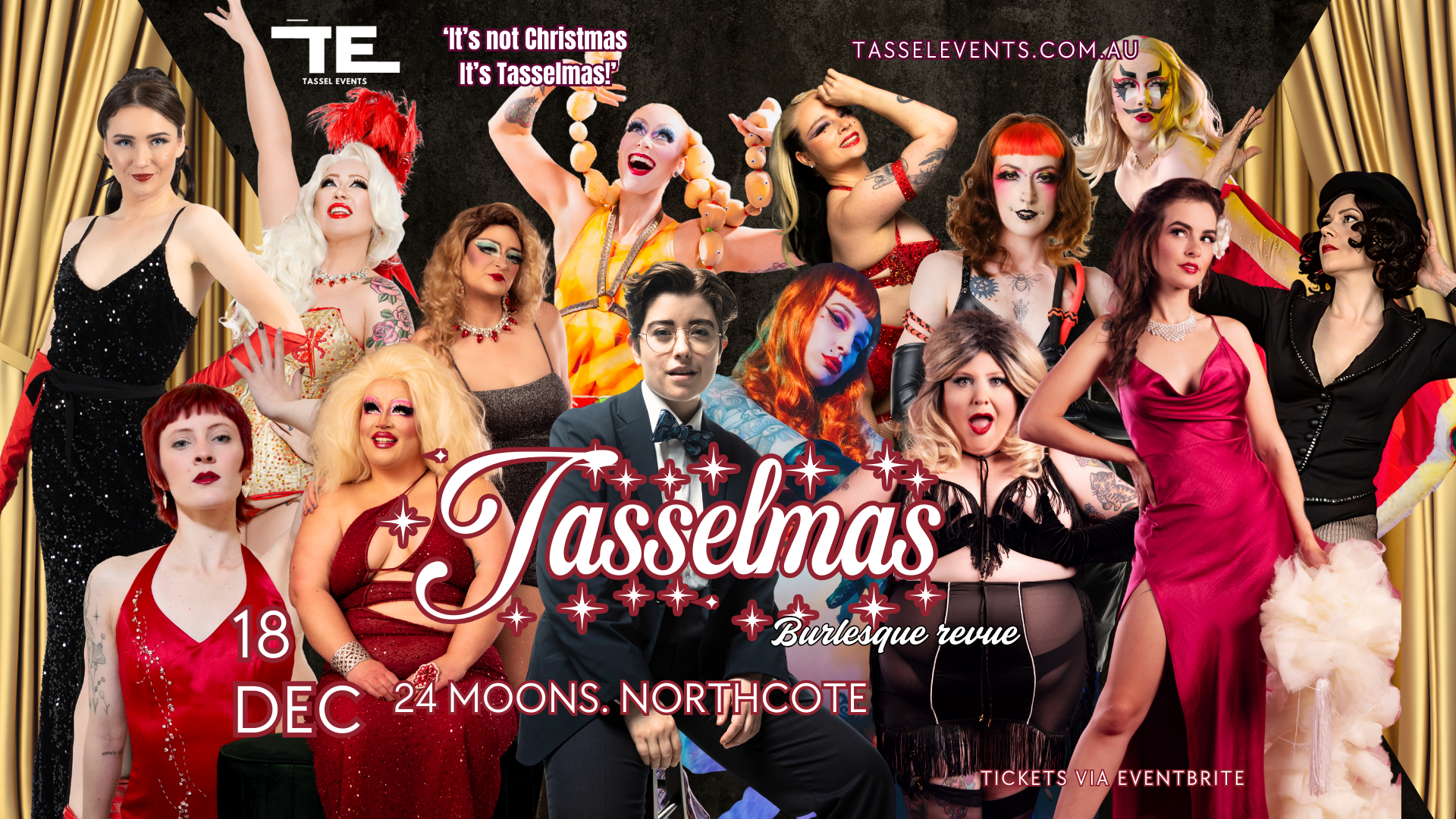 A group photo of burlesque performers for a christmas performance 