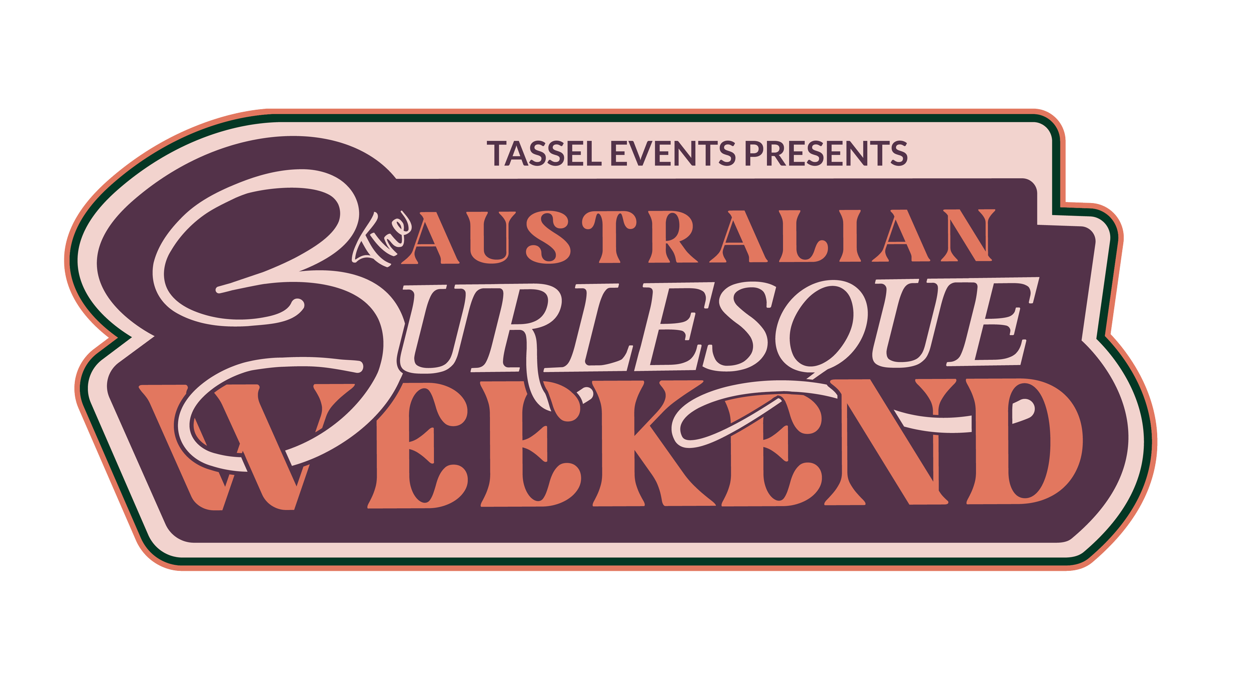 Logo for the Australian burlesque Weekend presented by Tassel Events, featuring stylized text and decorative elements in purple, orange, and pink.