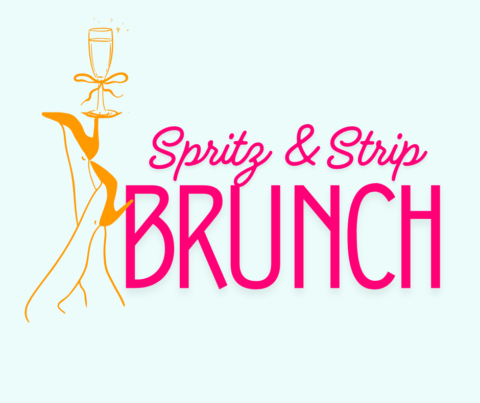 A light blue background with an illustration of a hand holding a glass of champagne above the words 'Spritz & Strip BRUNCH' in pink and orange text.