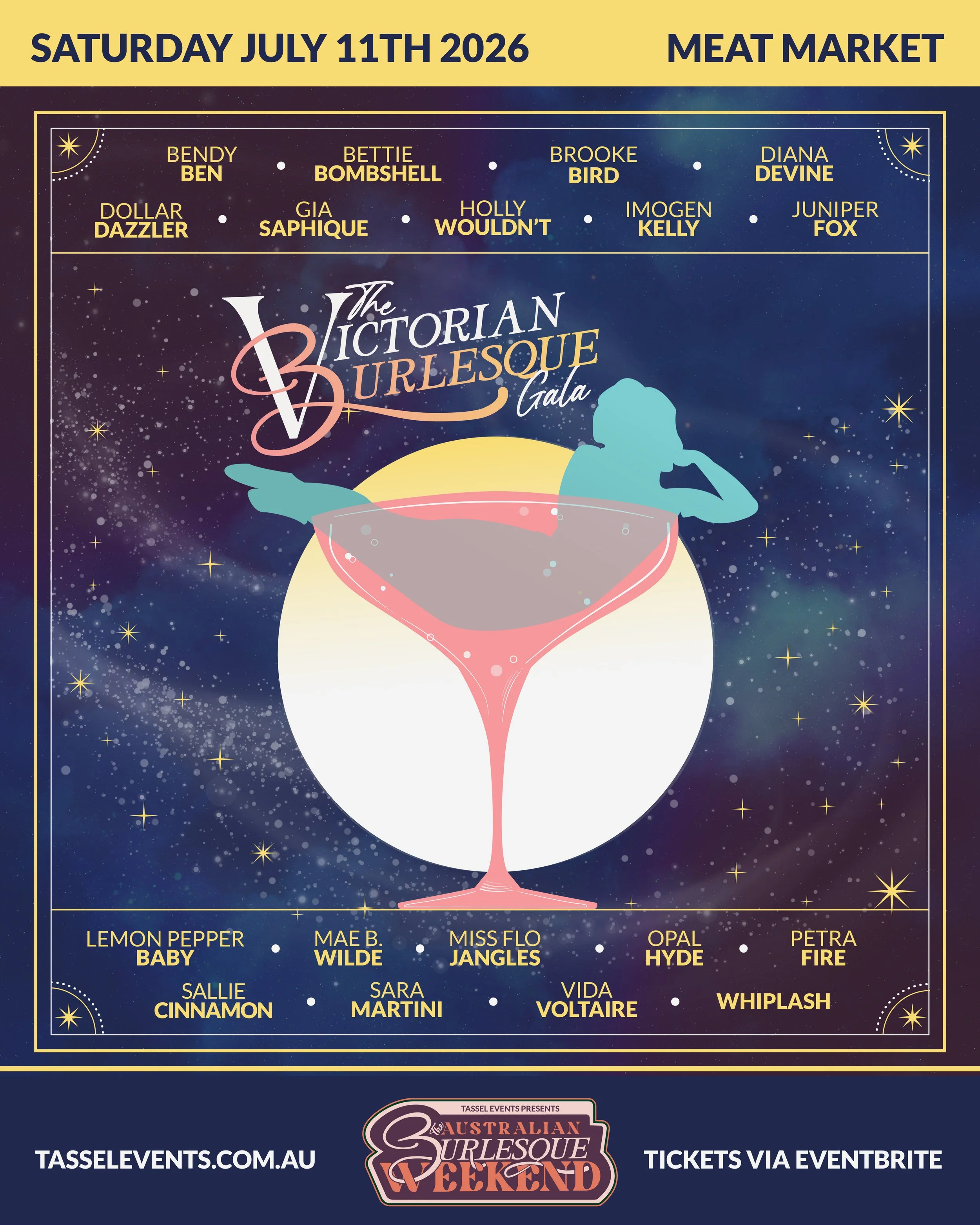 A poster for the victorian burlesque gala featuring a performers shadow draped in an martini glass of stars